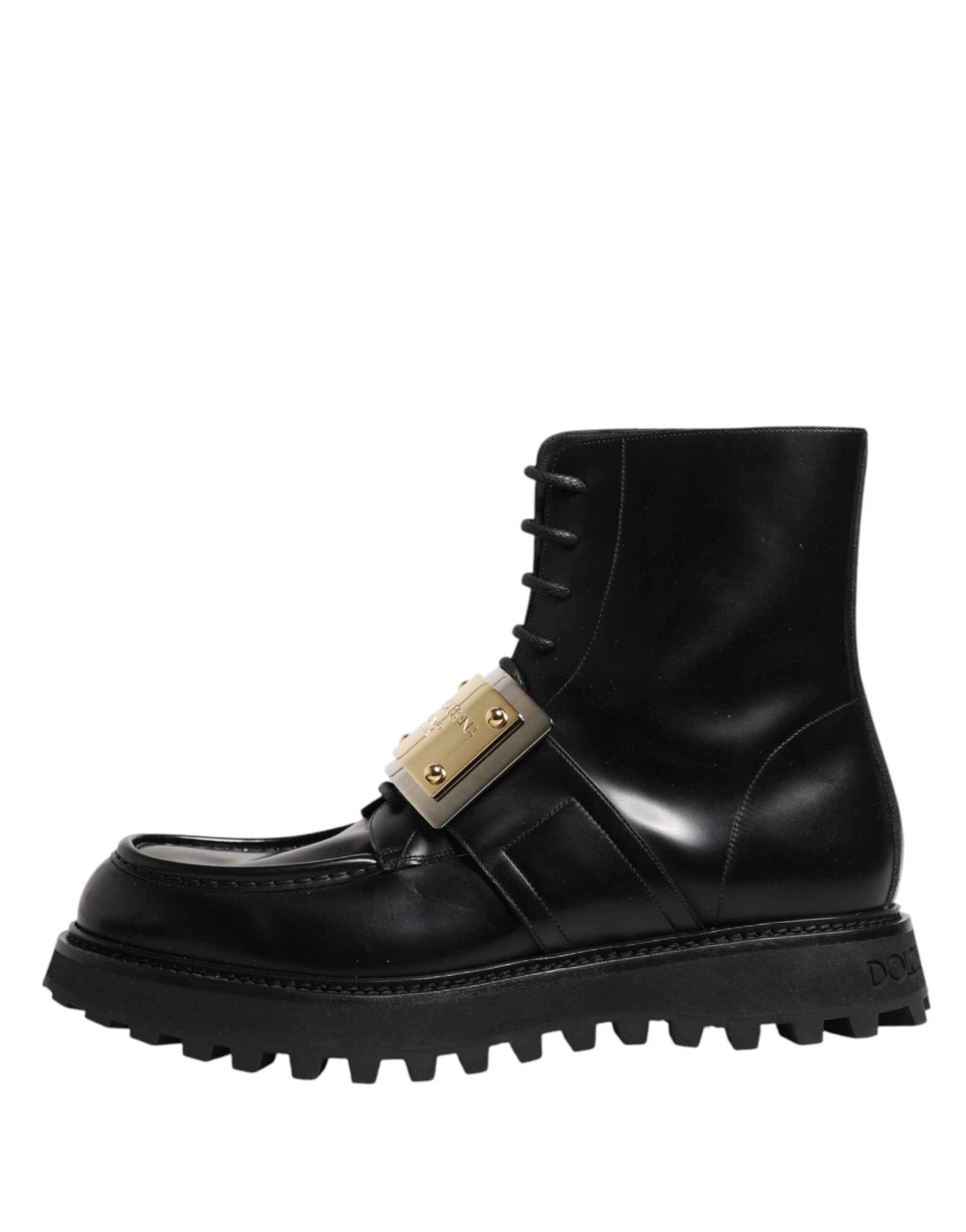 Dolce & Gabbana Black Leather DG Plaque Lace Up Boots Shoes