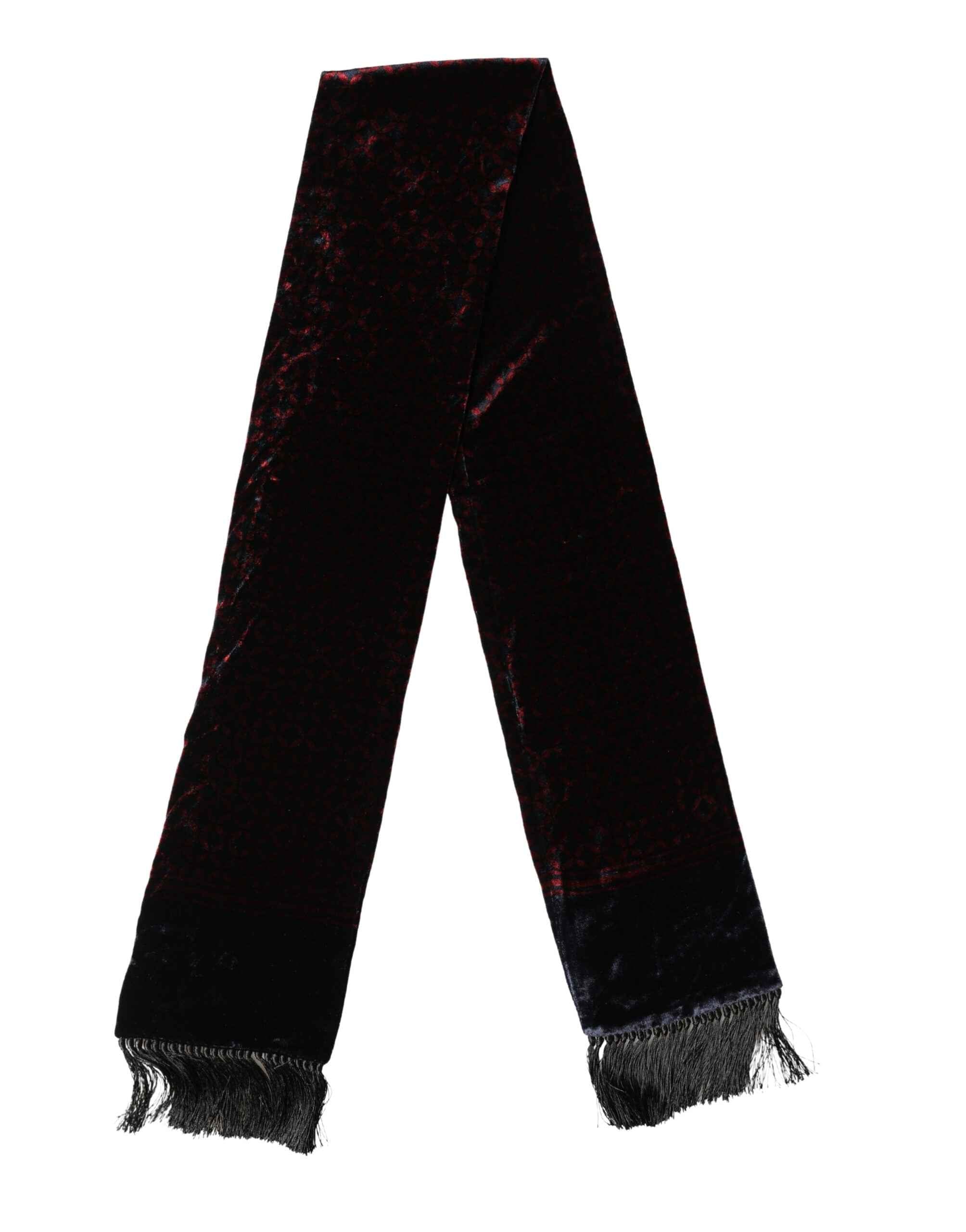 Dolce & Gabbana Black Red Rayon Geometric Pattern Fringe 140cm X 16cm Scarf