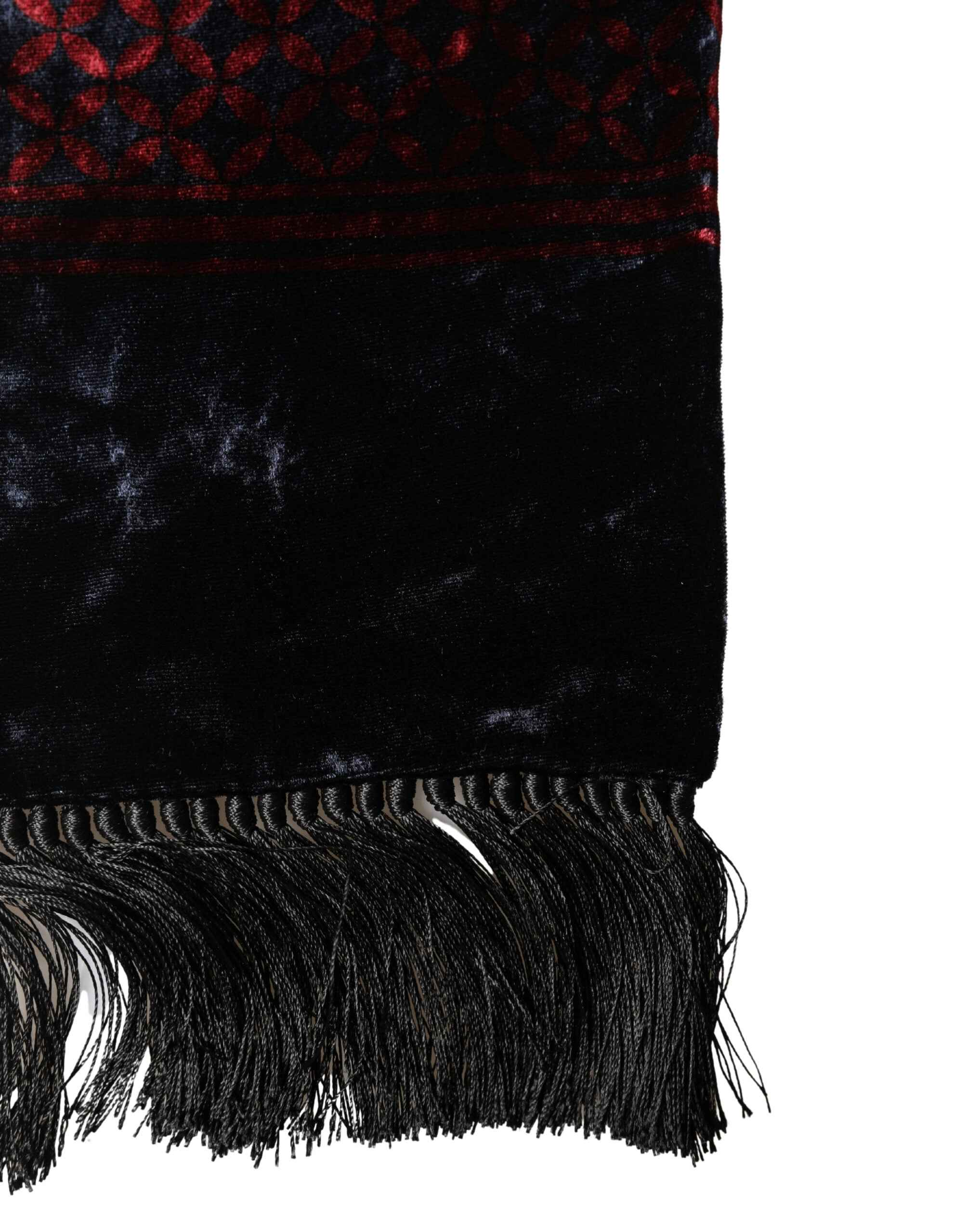 Dolce & Gabbana Black Red Rayon Geometric Pattern Fringe 140cm X 16cm Scarf