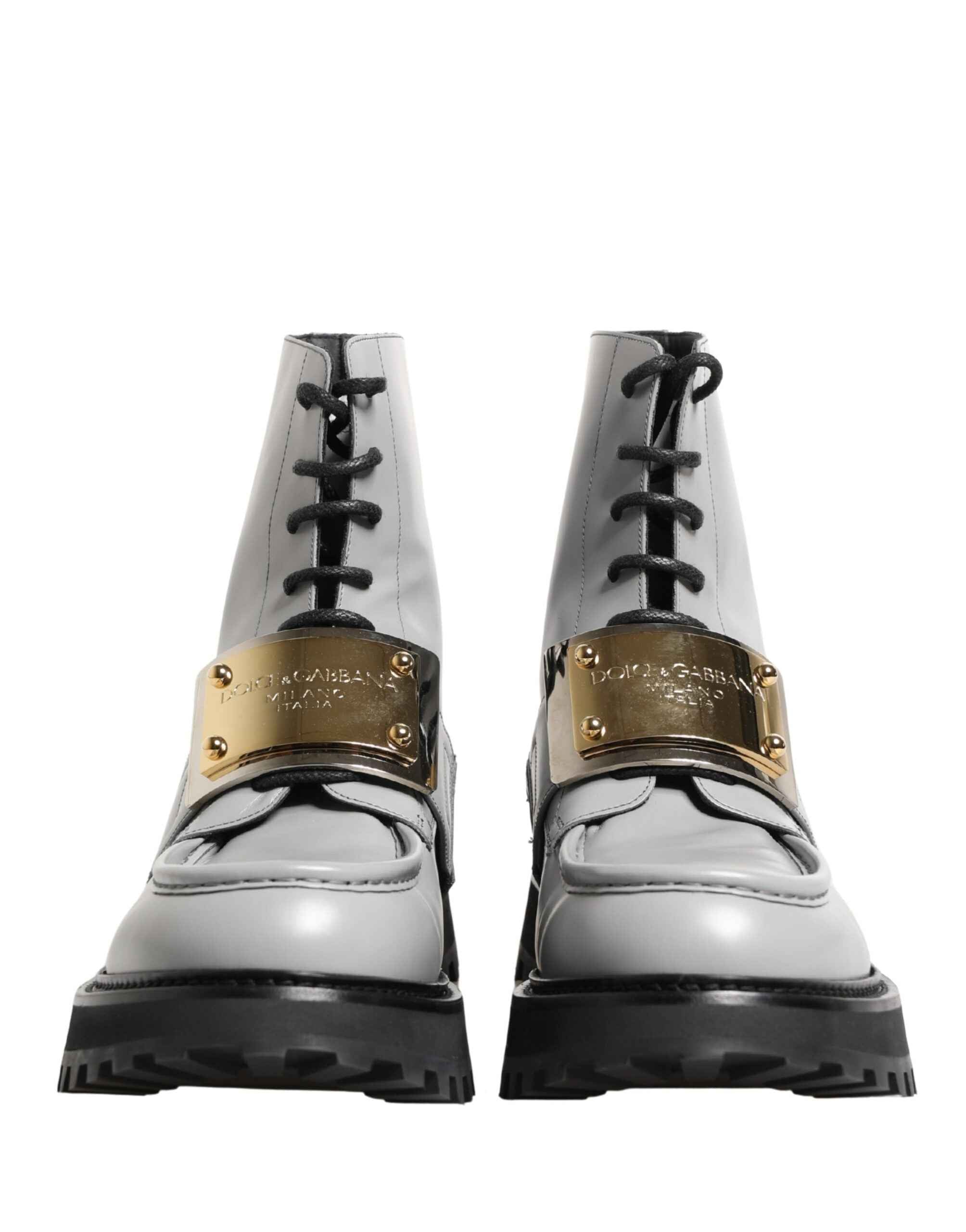 Dolce & Gabbana Gray Leather Logo Plaque Ankle Boots Shoes