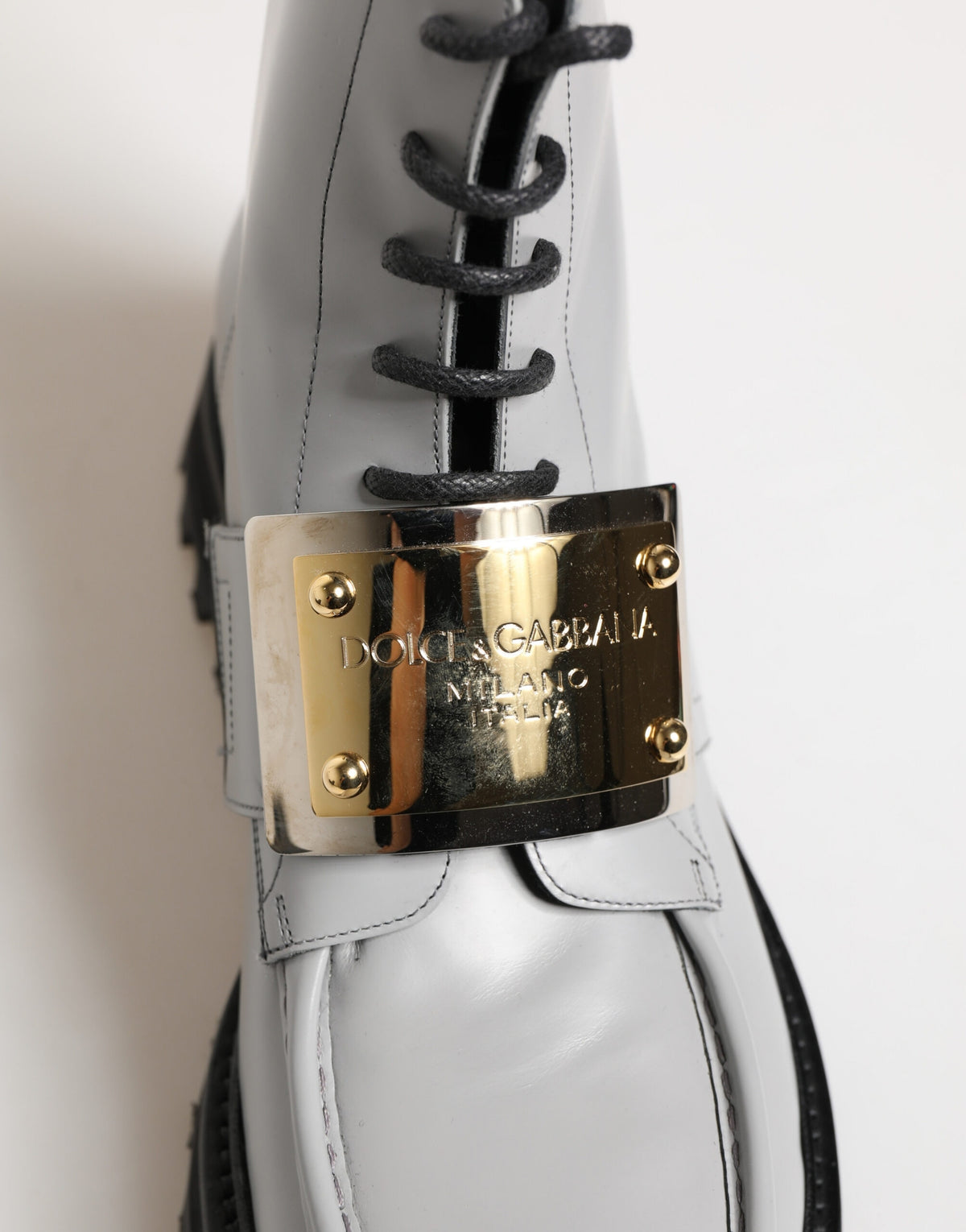 Dolce & Gabbana Gray Leather Logo Plaque Ankle Boots Shoes