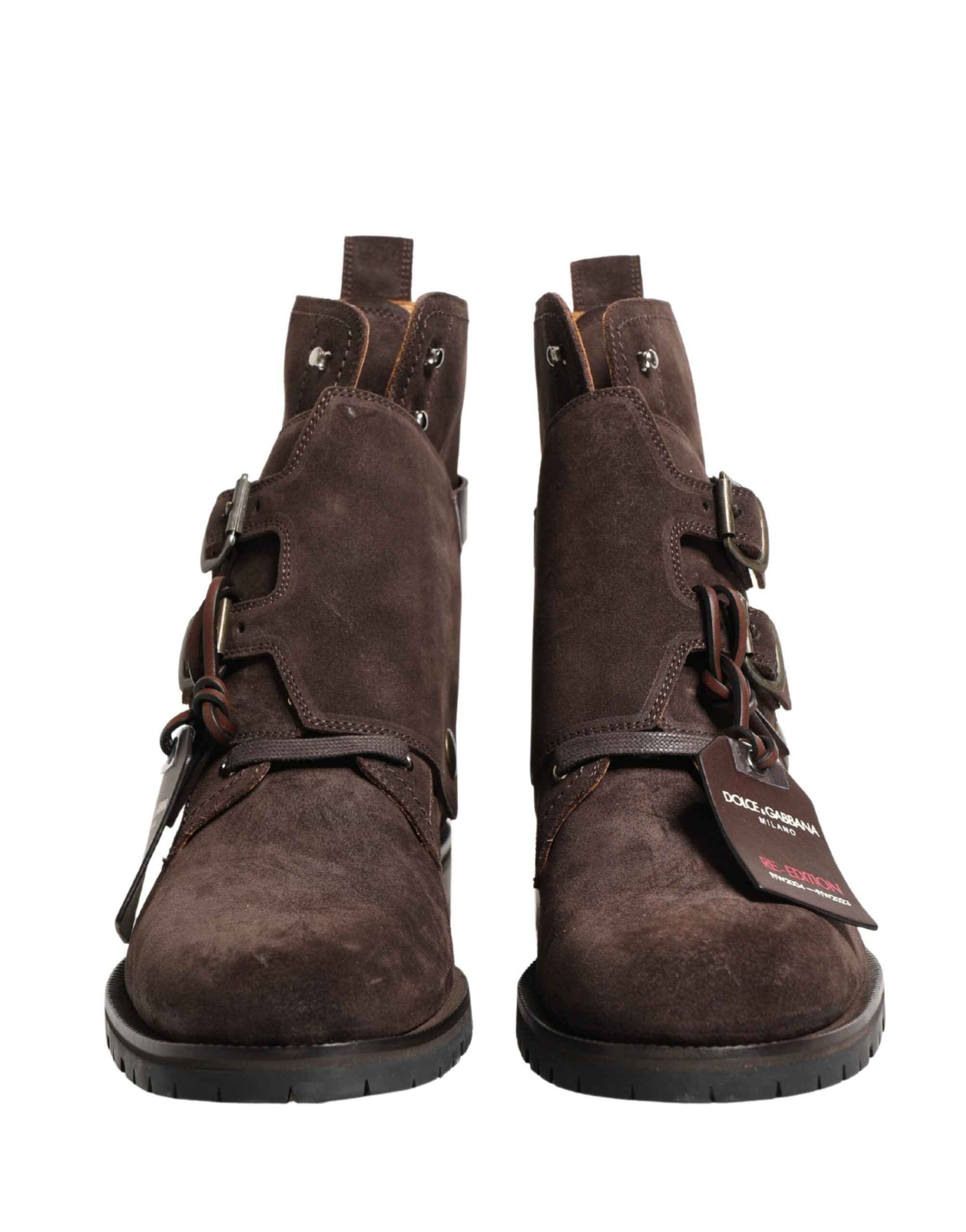 Dolce & Gabbana Brown Suede Leather Buckle Ankle Boots Shoes