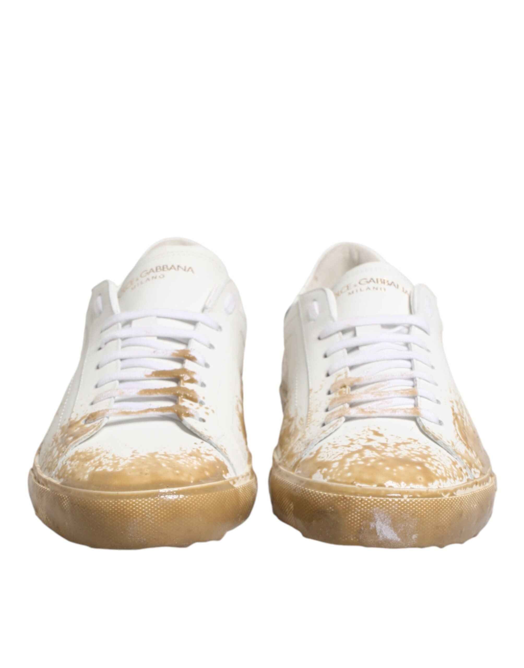 Dolce & Gabbana White Leather Paint Effect Low Top Sneakers Shoes