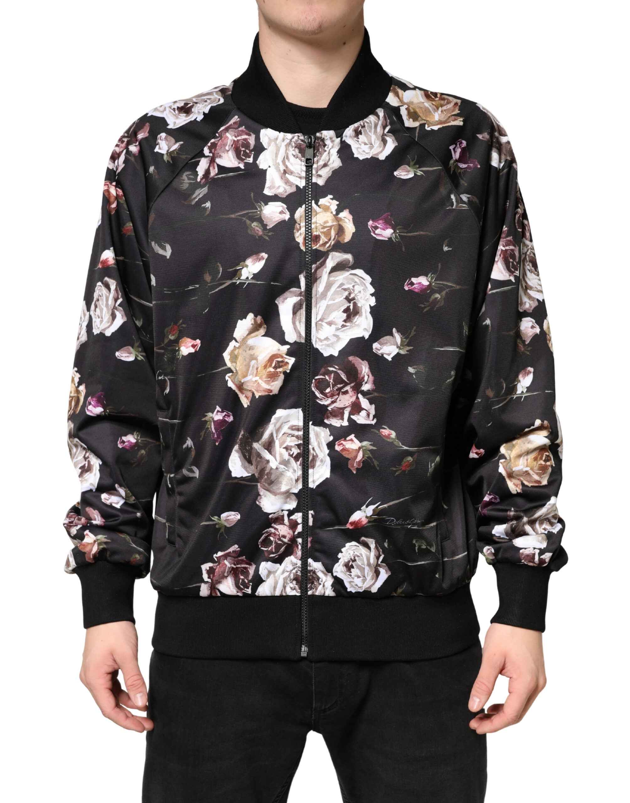 Dolce & Gabbana Black Floral Polyester Full Zip Bomber Jacket