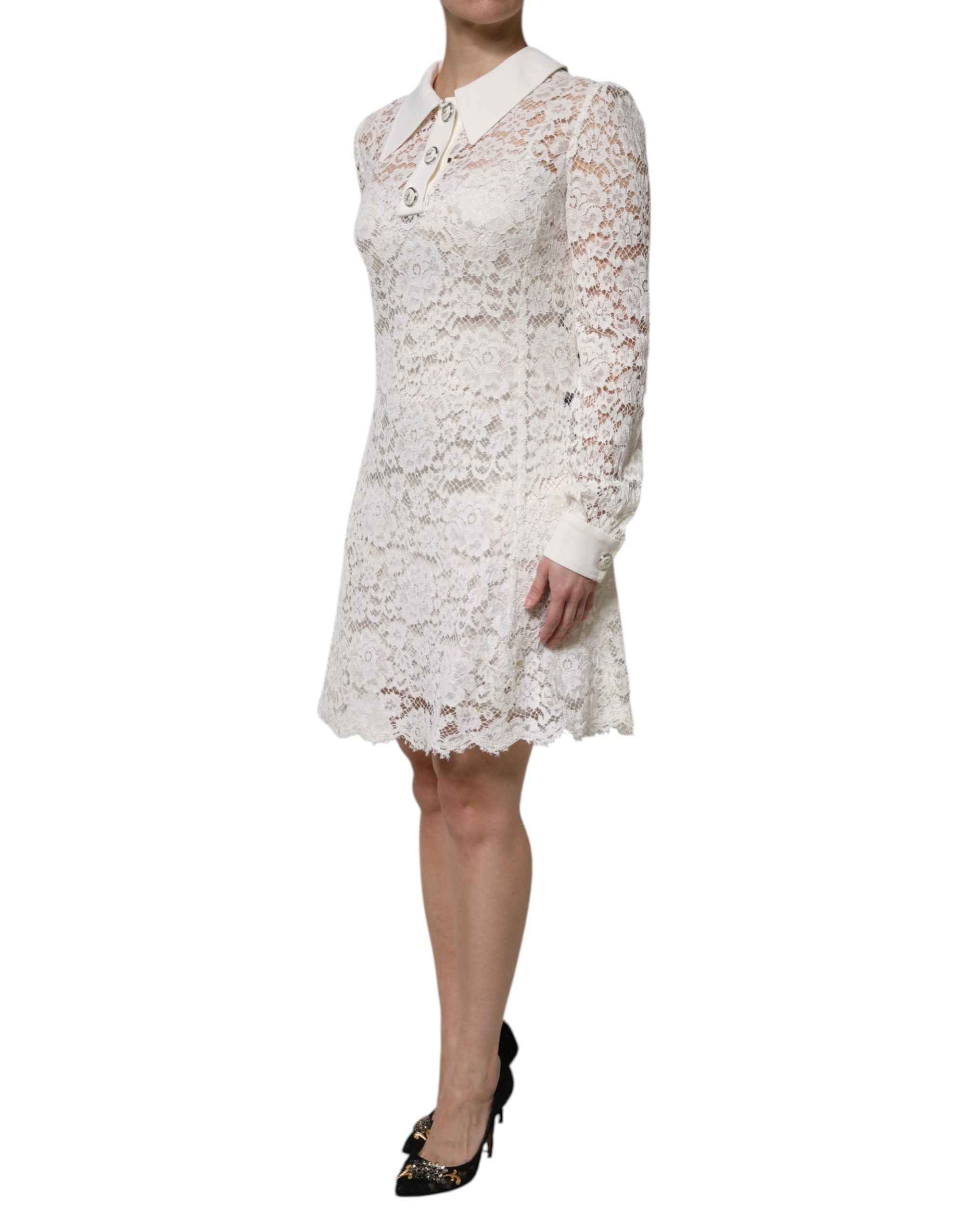 Dolce & Gabbana White Floral Lace Viscose Collared Mini Dress