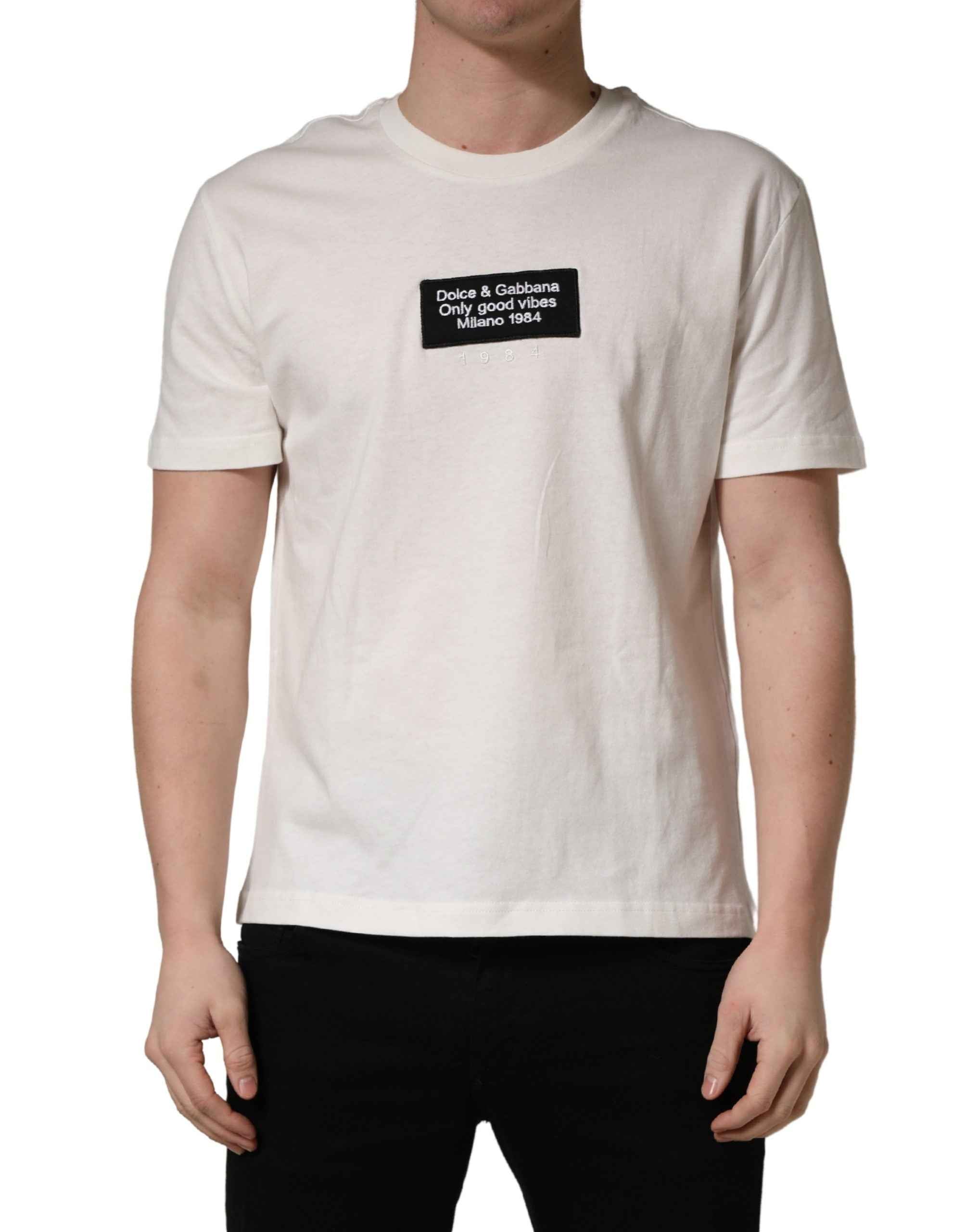 Dolce & Gabbana White Logo Patch Cotton Men Crew Neck T-shirt