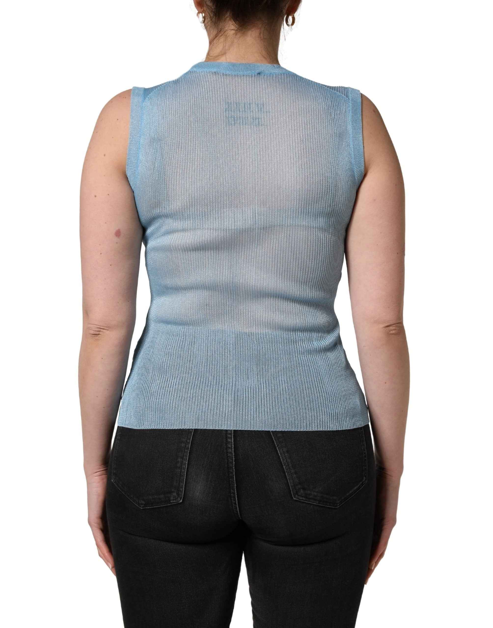Dolce & Gabbana Blue Semi Sheer Ribbed Sleeveless Tank Top
