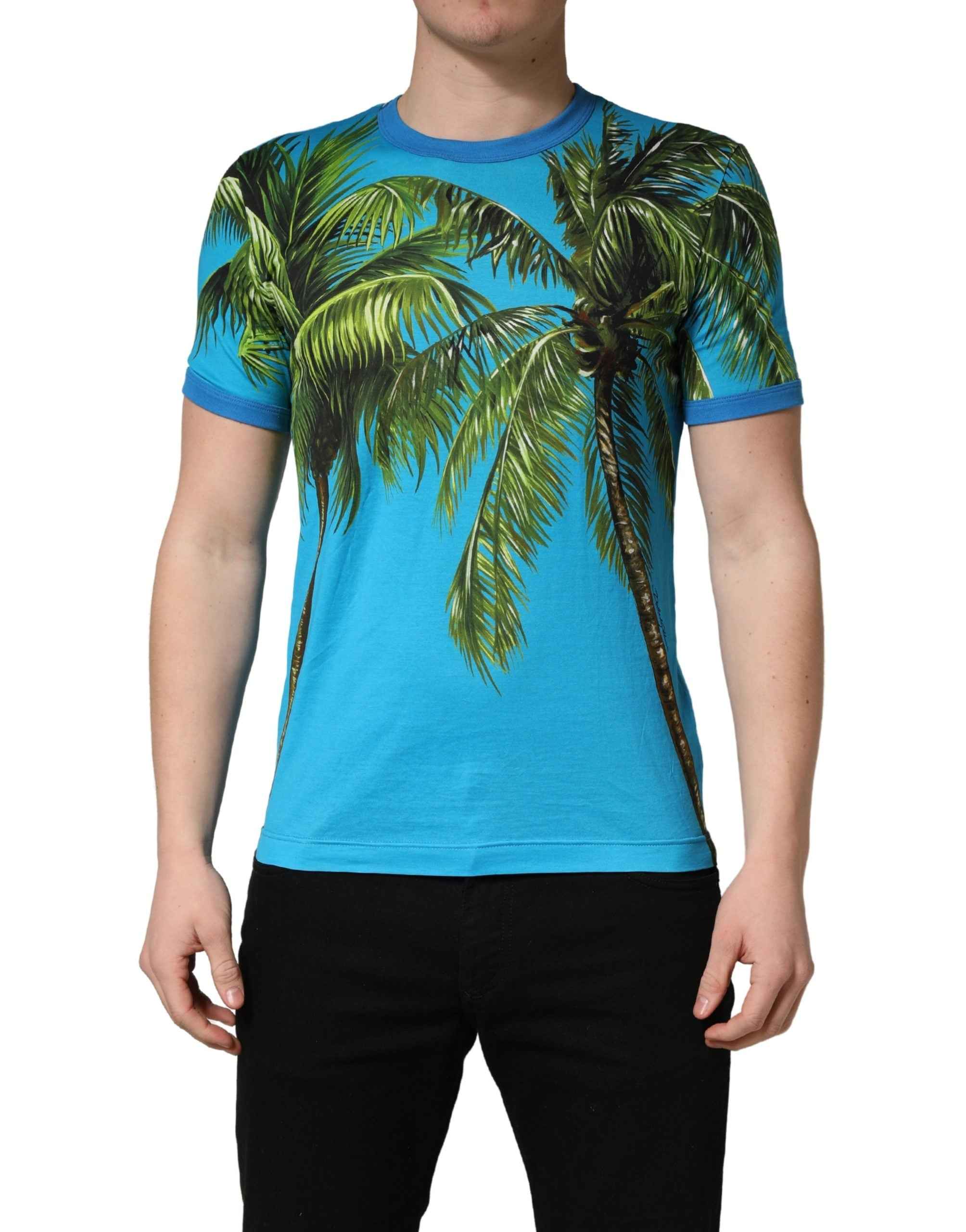 Dolce & Gabbana Blue Palm Tree Print Cotton CrewNeck T-shirt