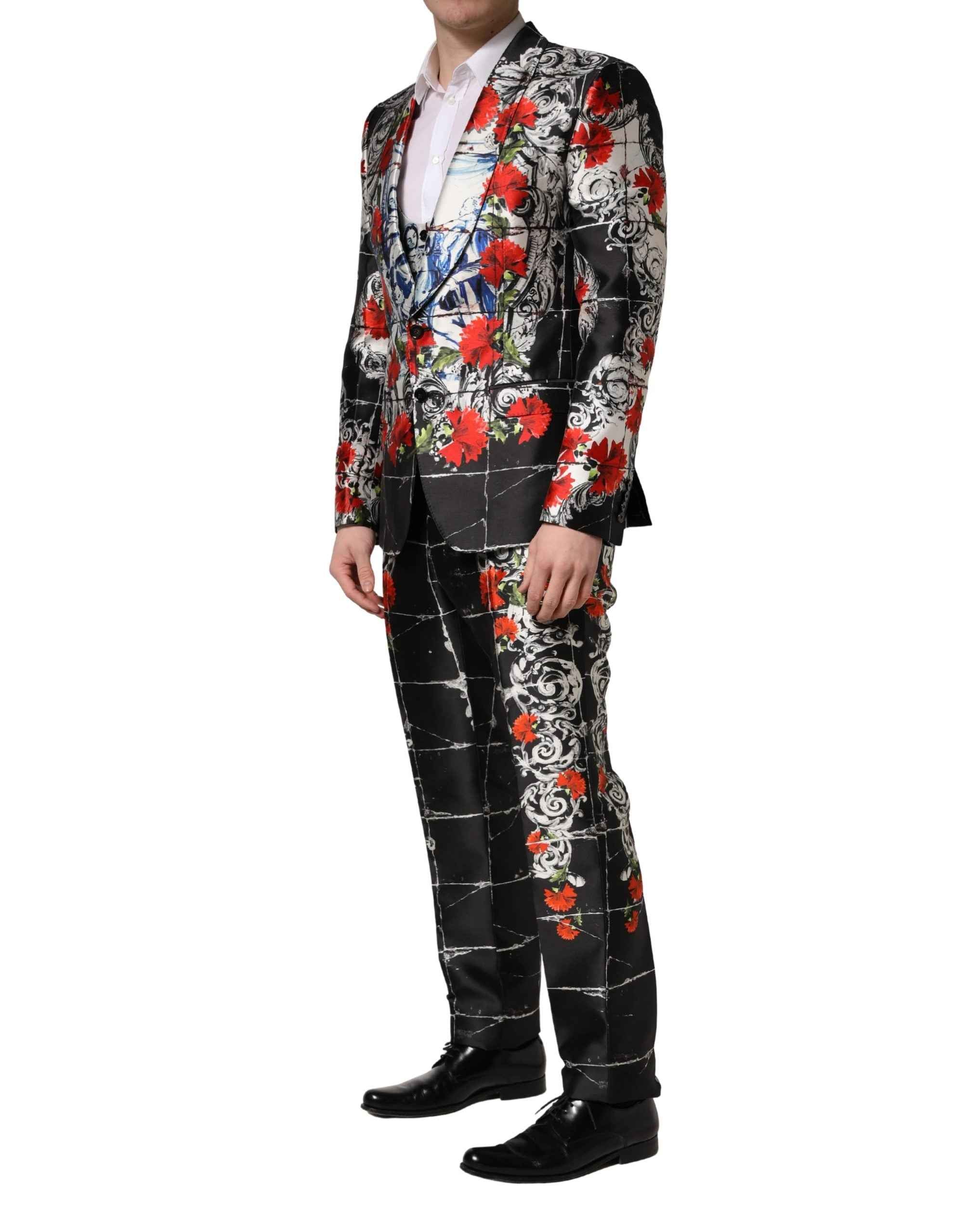 Dolce & Gabbana Black Floral 2 Buttons Formal 3 Piece Suit
