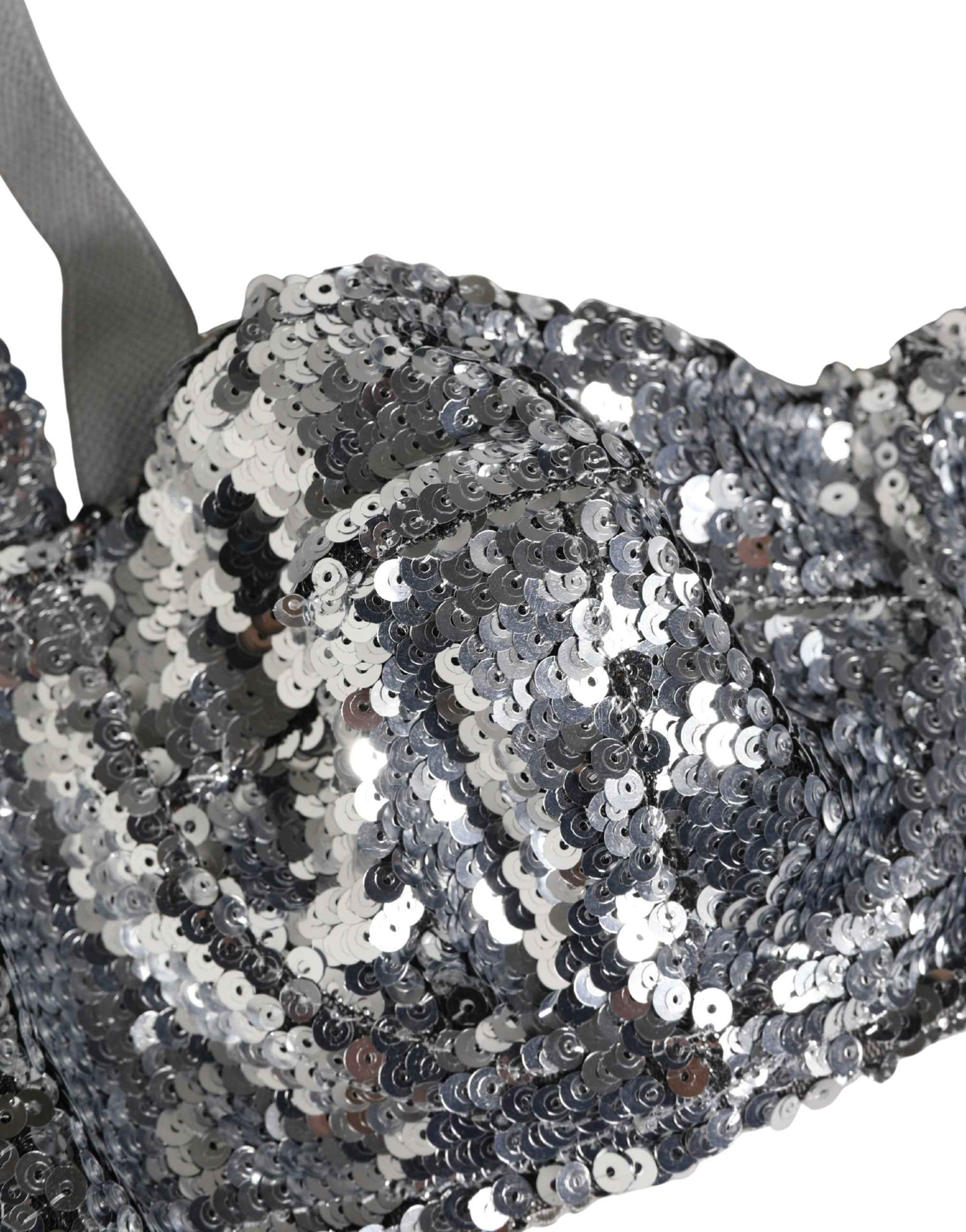 Dolce & Gabbana Silver Sequined Nyon Balconnet Bra Underwear
