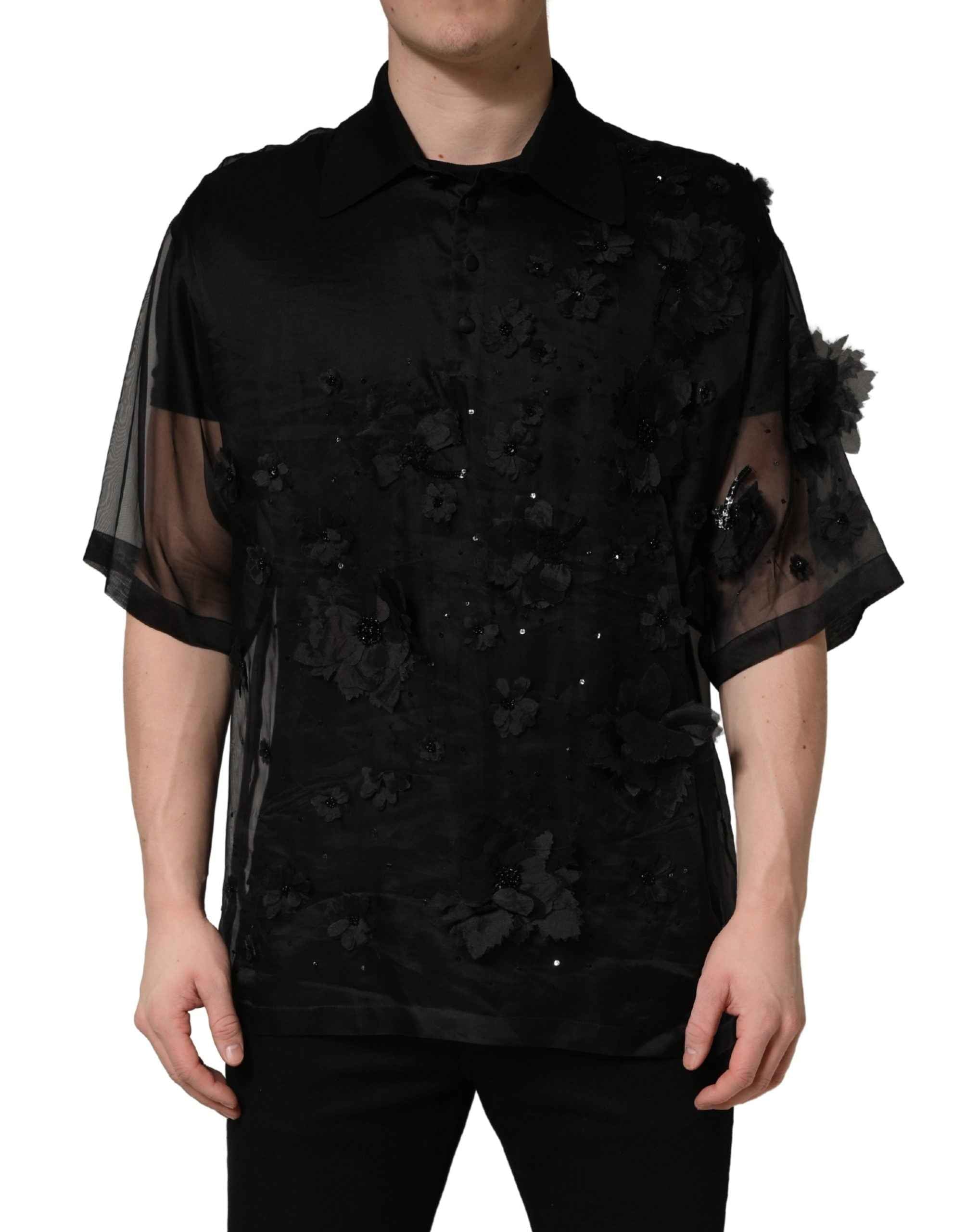 Dolce & Gabbana Black Floral Applique Sheer Short Sleeve Shirt
