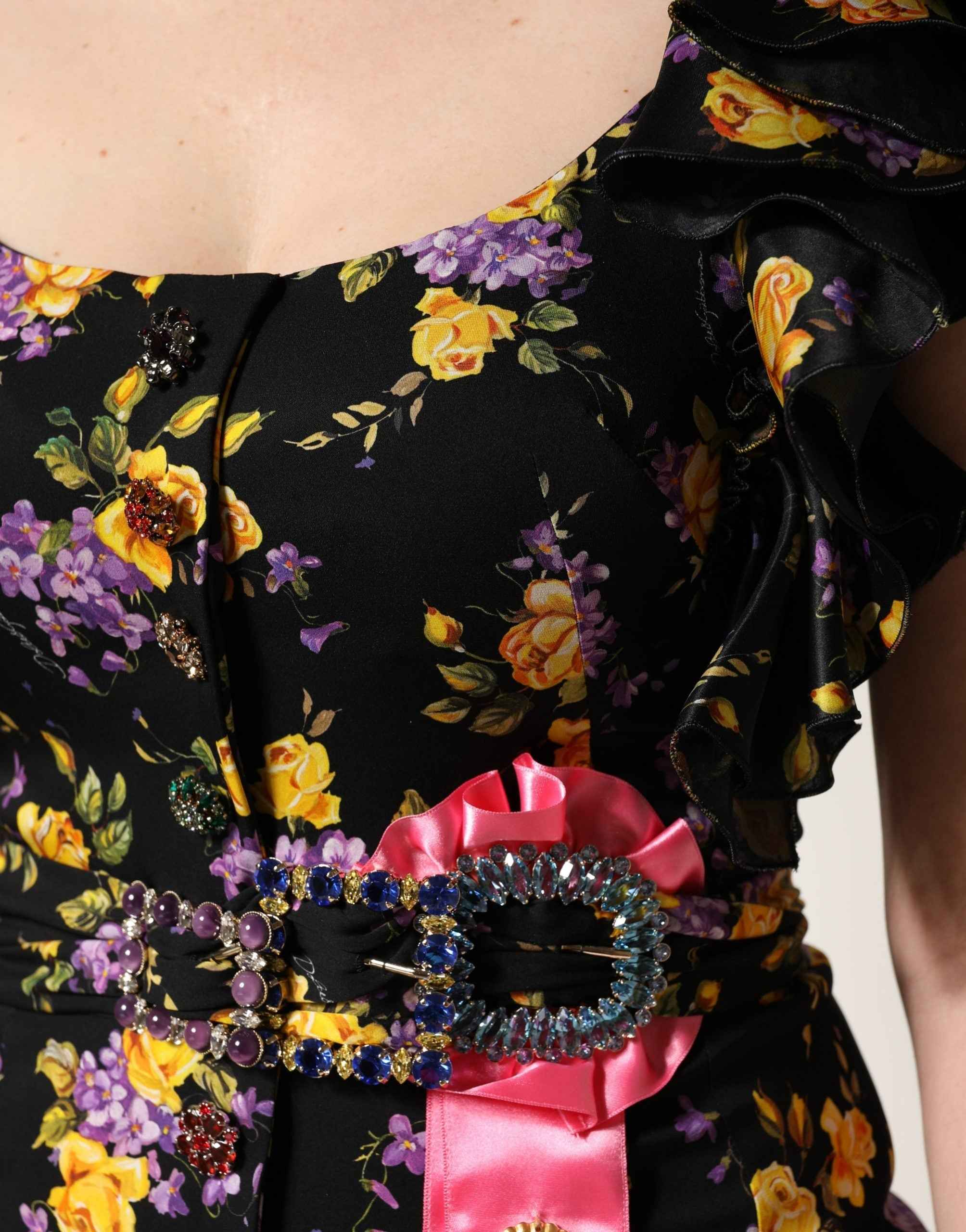 Dolce & Gabbana Black Purple Crystal Brooch Silk Midi Dress