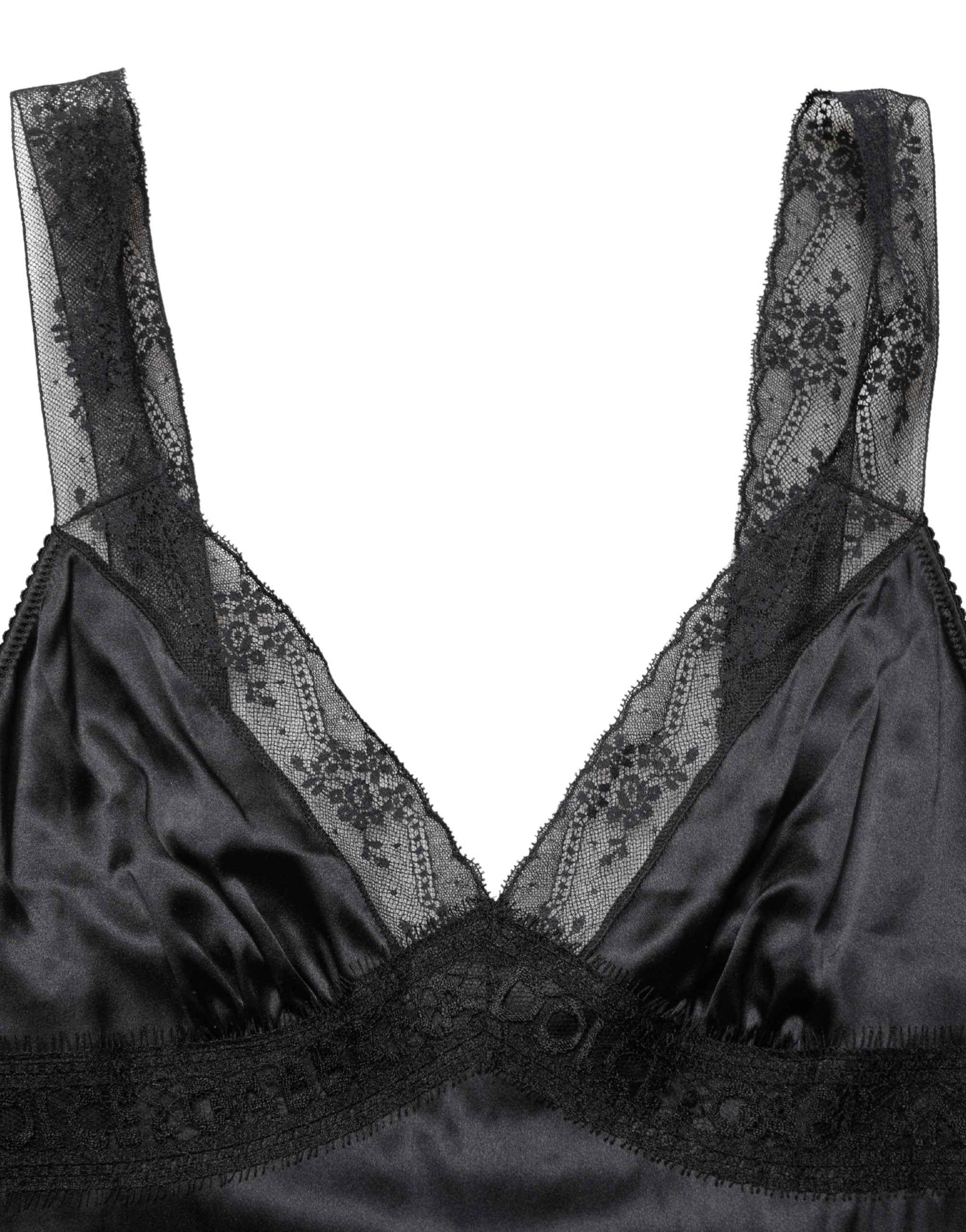 Dolce & Gabbana Black Silk Lace Trim Camisole V-neckline Tank Top