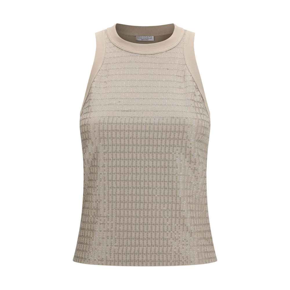Brunello Cucinelli Beige Cotton Sleeveles T-Shirt