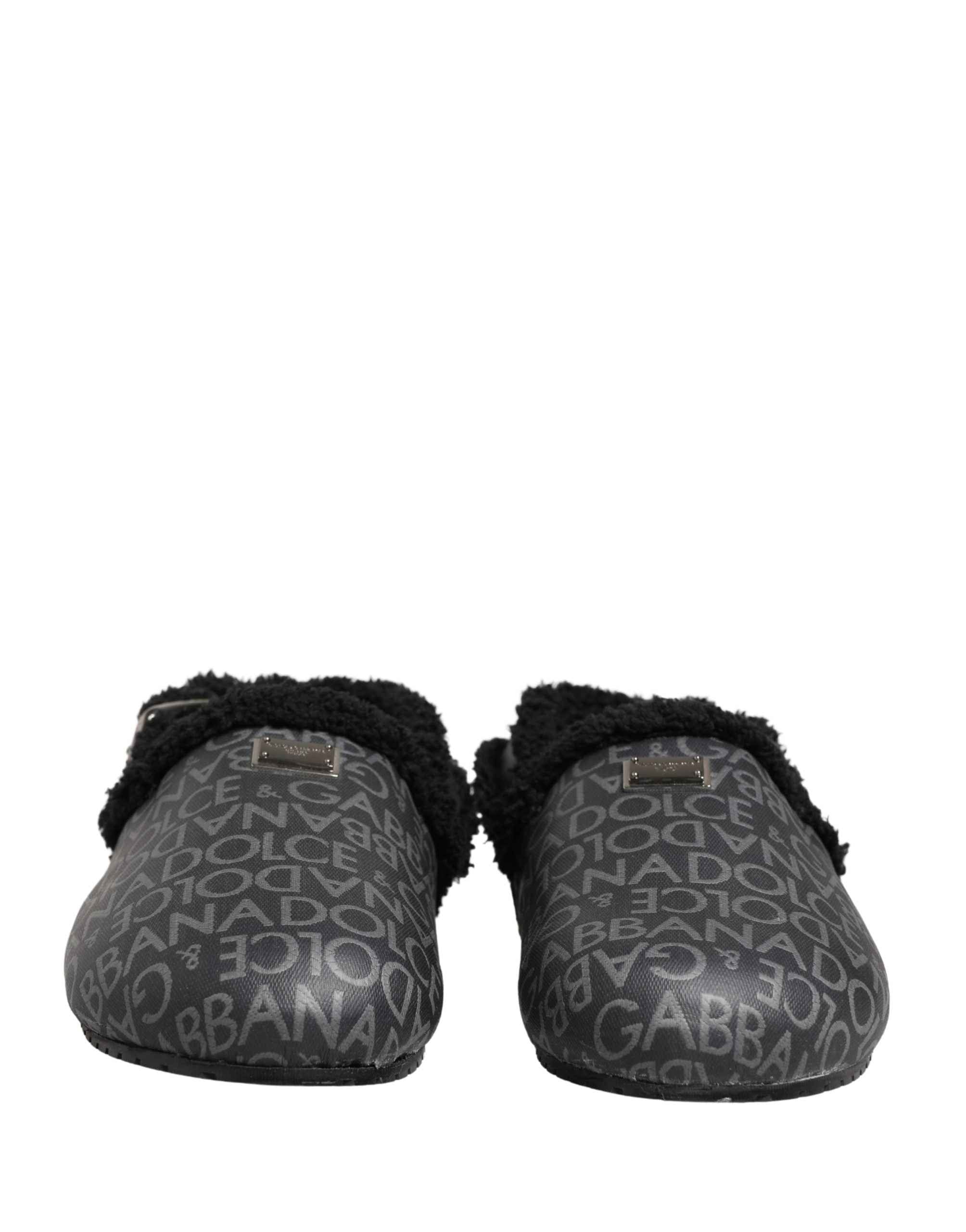 Dolce & Gabbana Gray Faux Fur Jacquard Mules Sandals Shoes