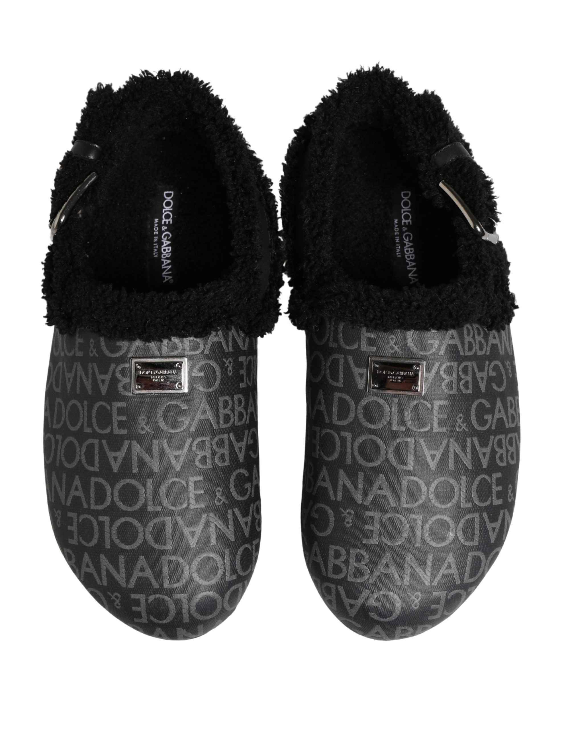 Dolce & Gabbana Gray Faux Fur Jacquard Mules Sandals Shoes
