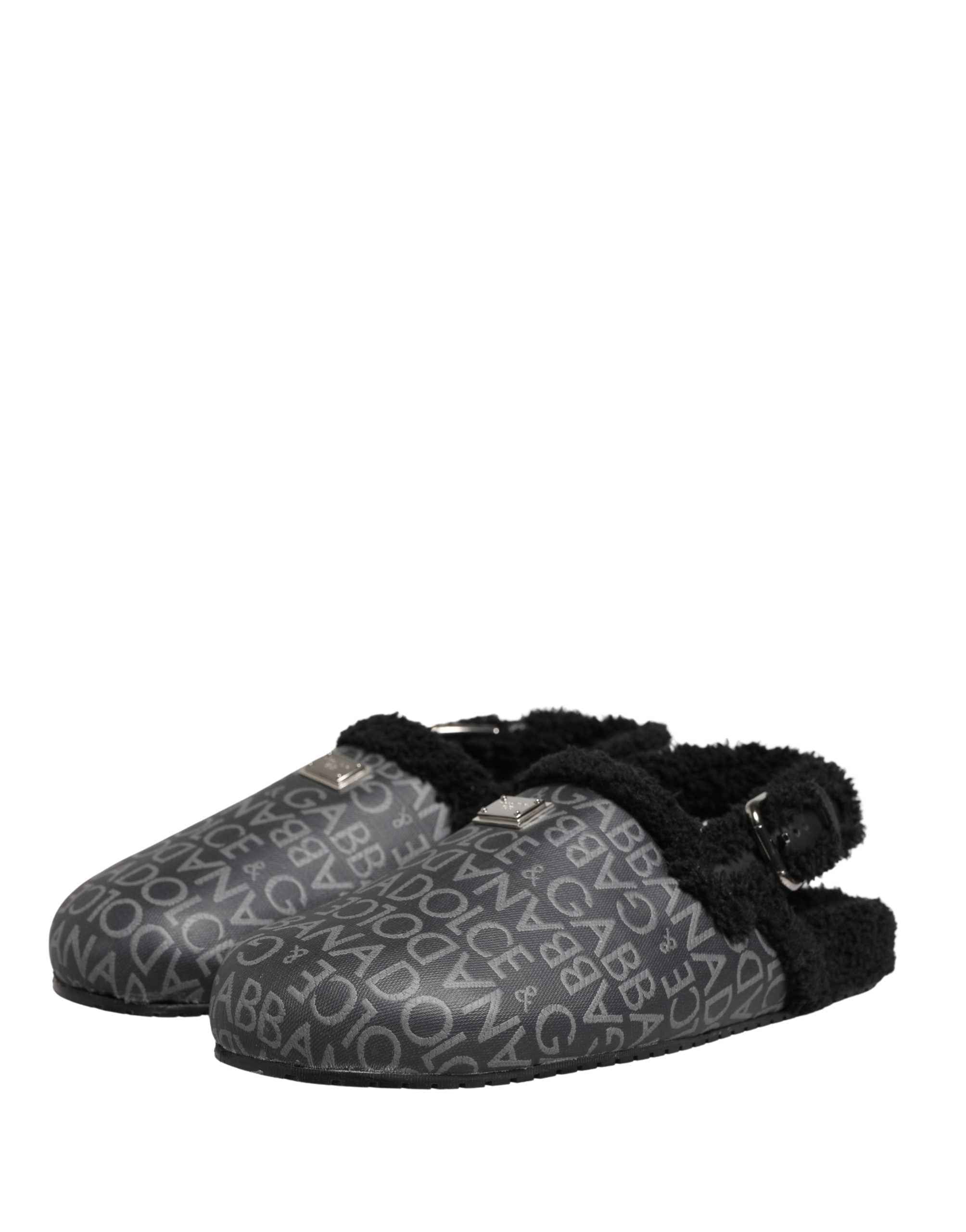 Dolce & Gabbana Gray Faux Fur Jacquard Mules Sandals Shoes