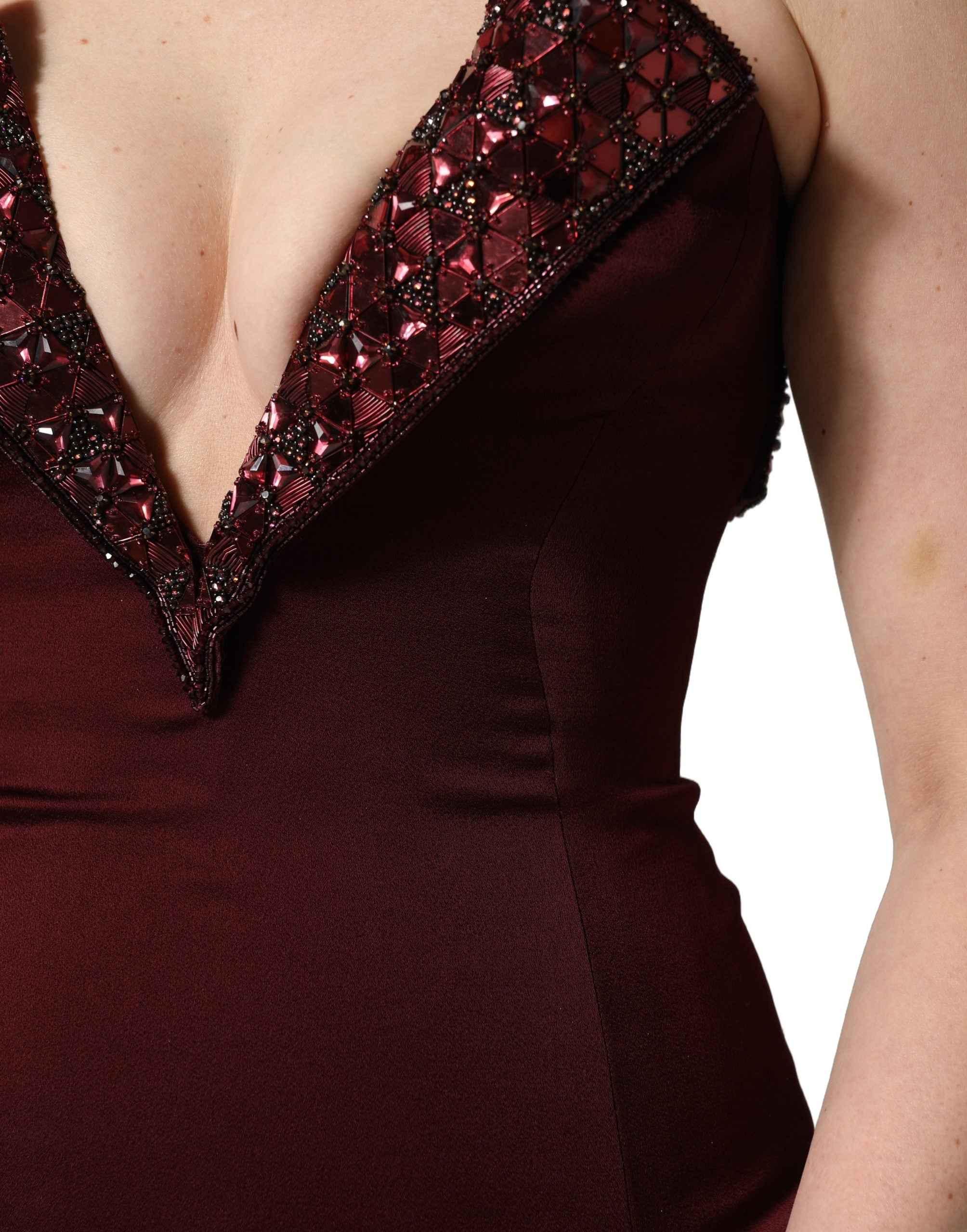 Dolce & Gabbana Maroon Embellished Vneck Evening Gown Dress