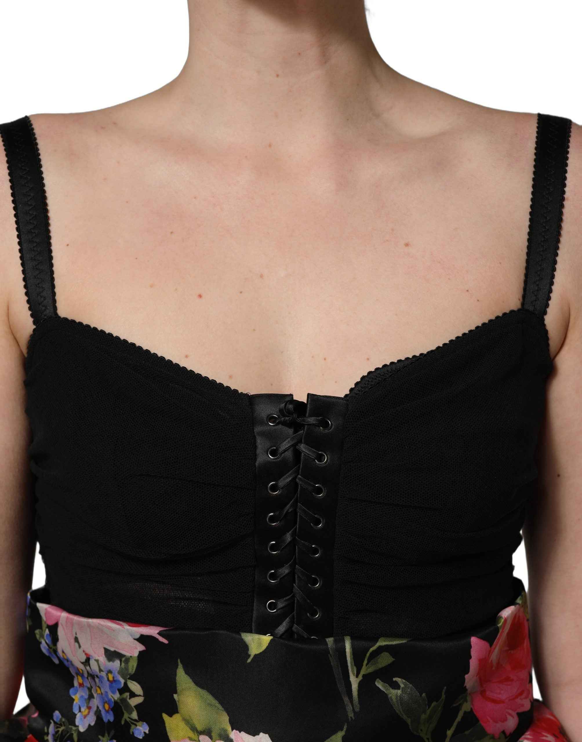 Dolce & Gabbana Black Sleeveless Bustier Floral Print Tiered Dress
