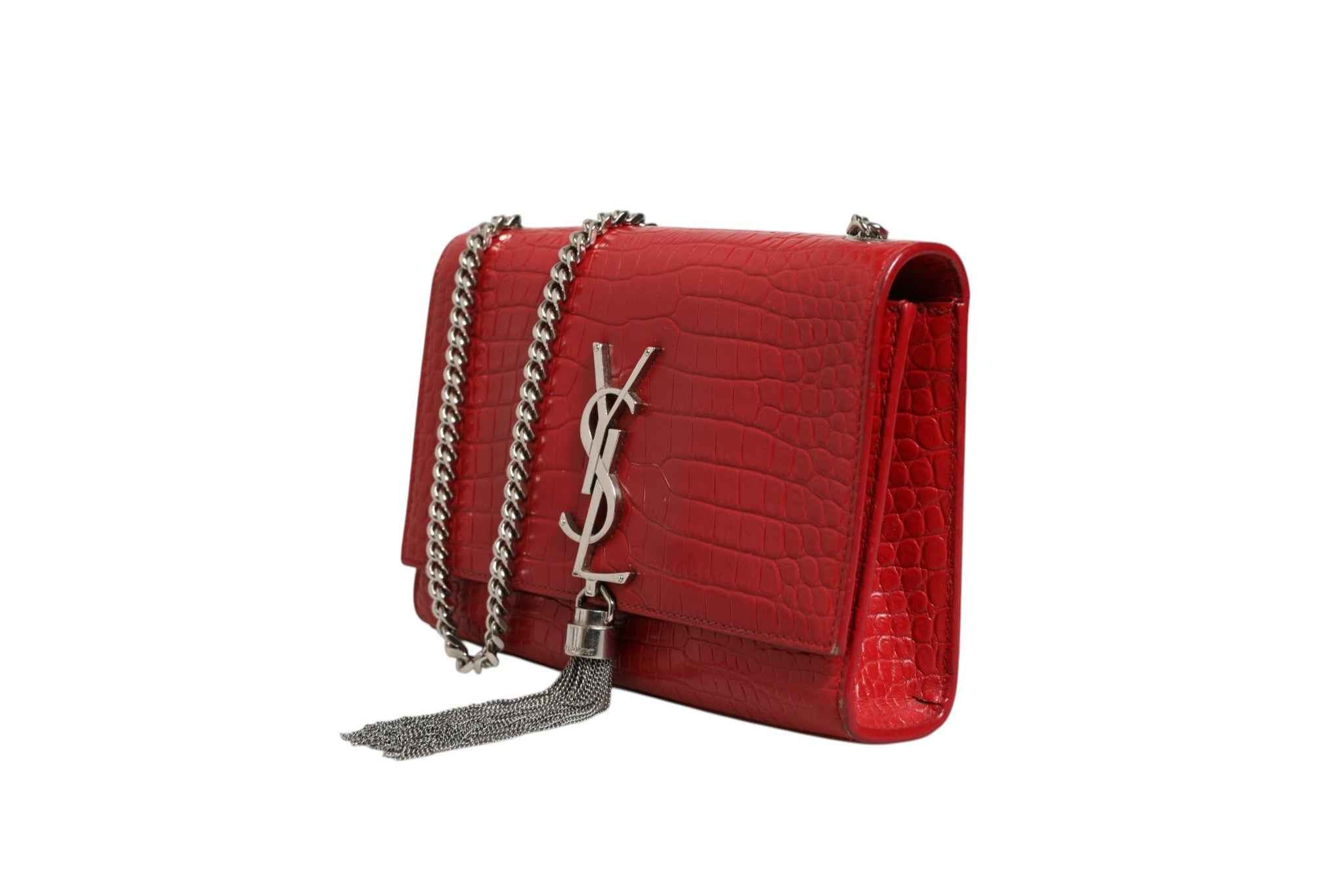 Saint Laurent Kate Tassel Chain Bag in Red Crocodile Embossed Leather