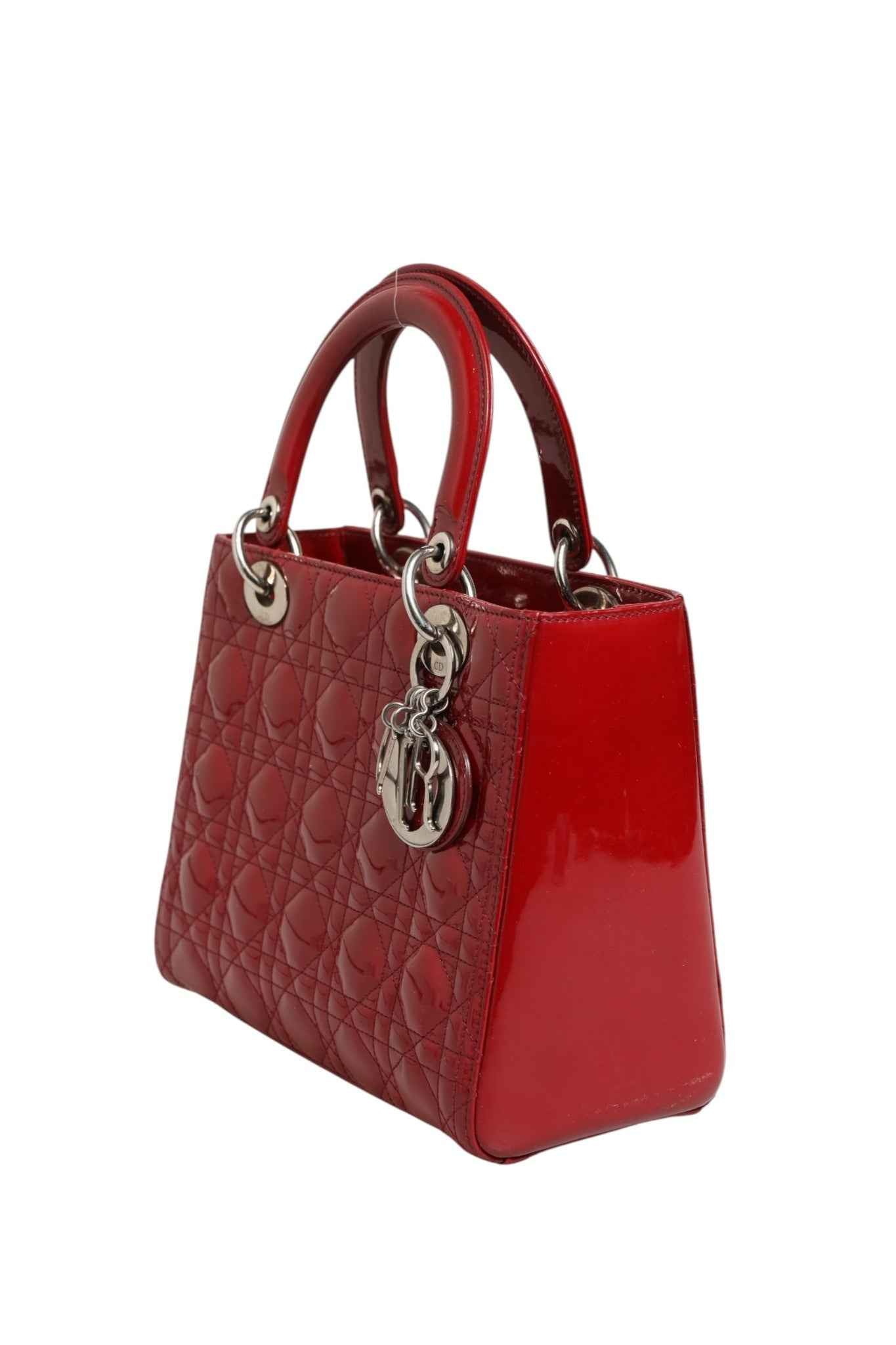 Christian Dior Cherry Red Patent Leather Cannage Quilting Small Lady Dior Bag