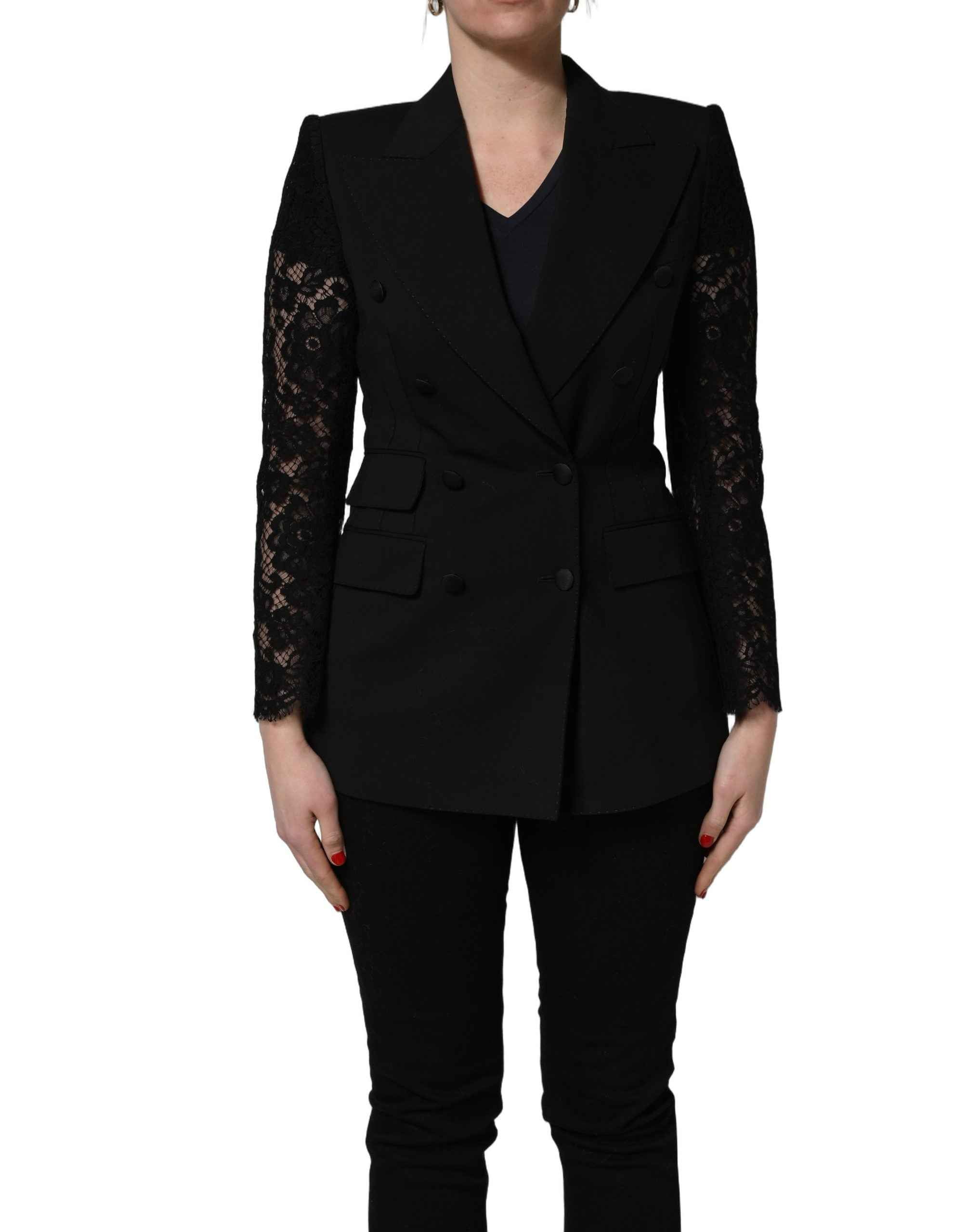 Dolce & Gabbana Black Wool DoubleBreasted Lace Sleeve Jacket