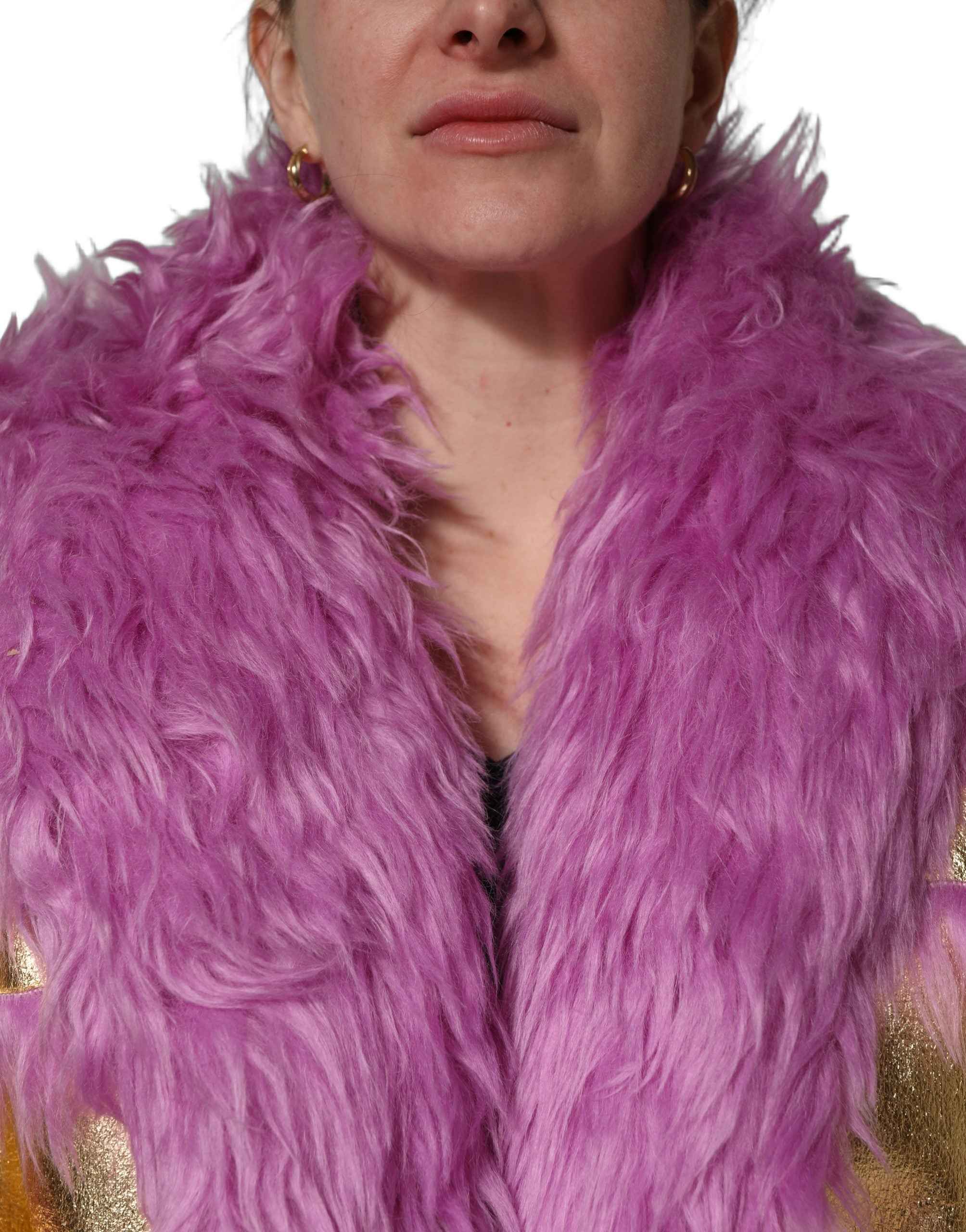 Dolce & Gabbana Pink Plush Faux Fur Gold Leather Coat Jacket