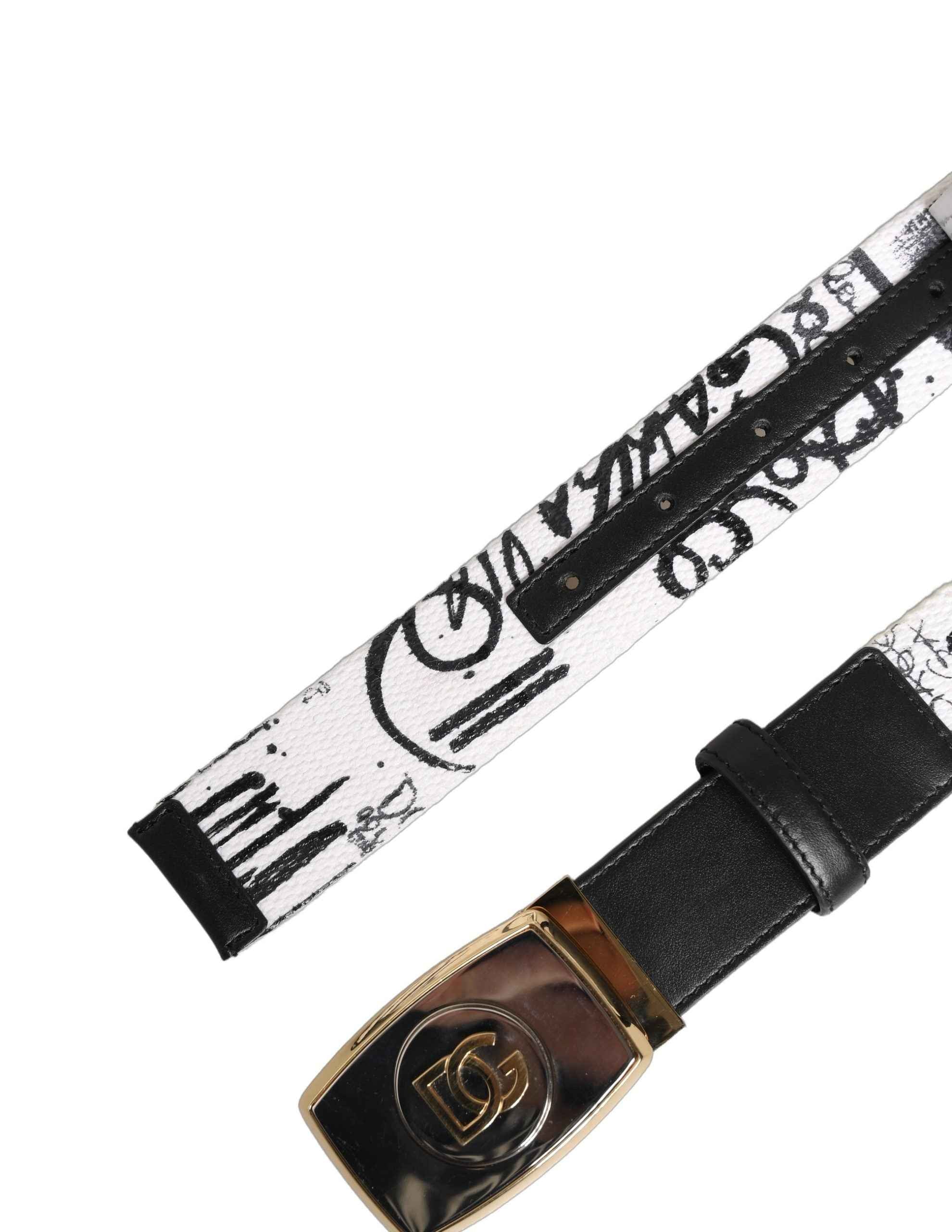 Dolce & Gabbana White Graffiti Print Gold Metal Buckle Belt