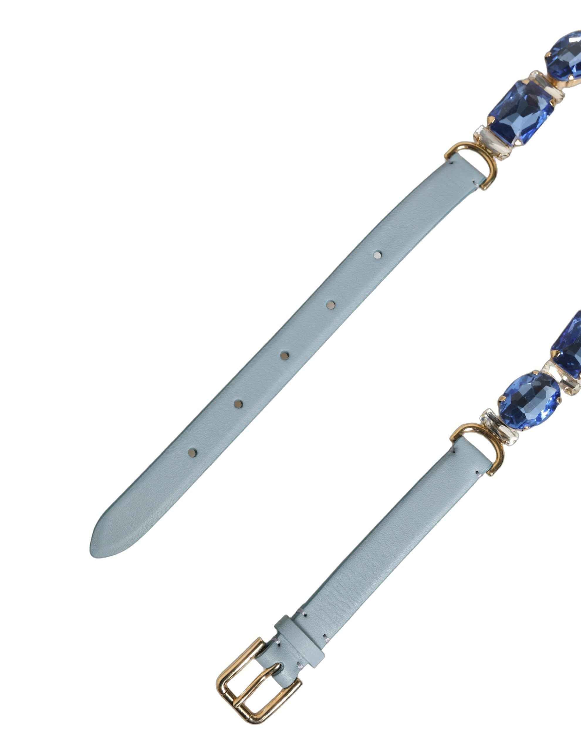 Dolce & Gabbana Blue Leather Crystal Chain Embellished Belt