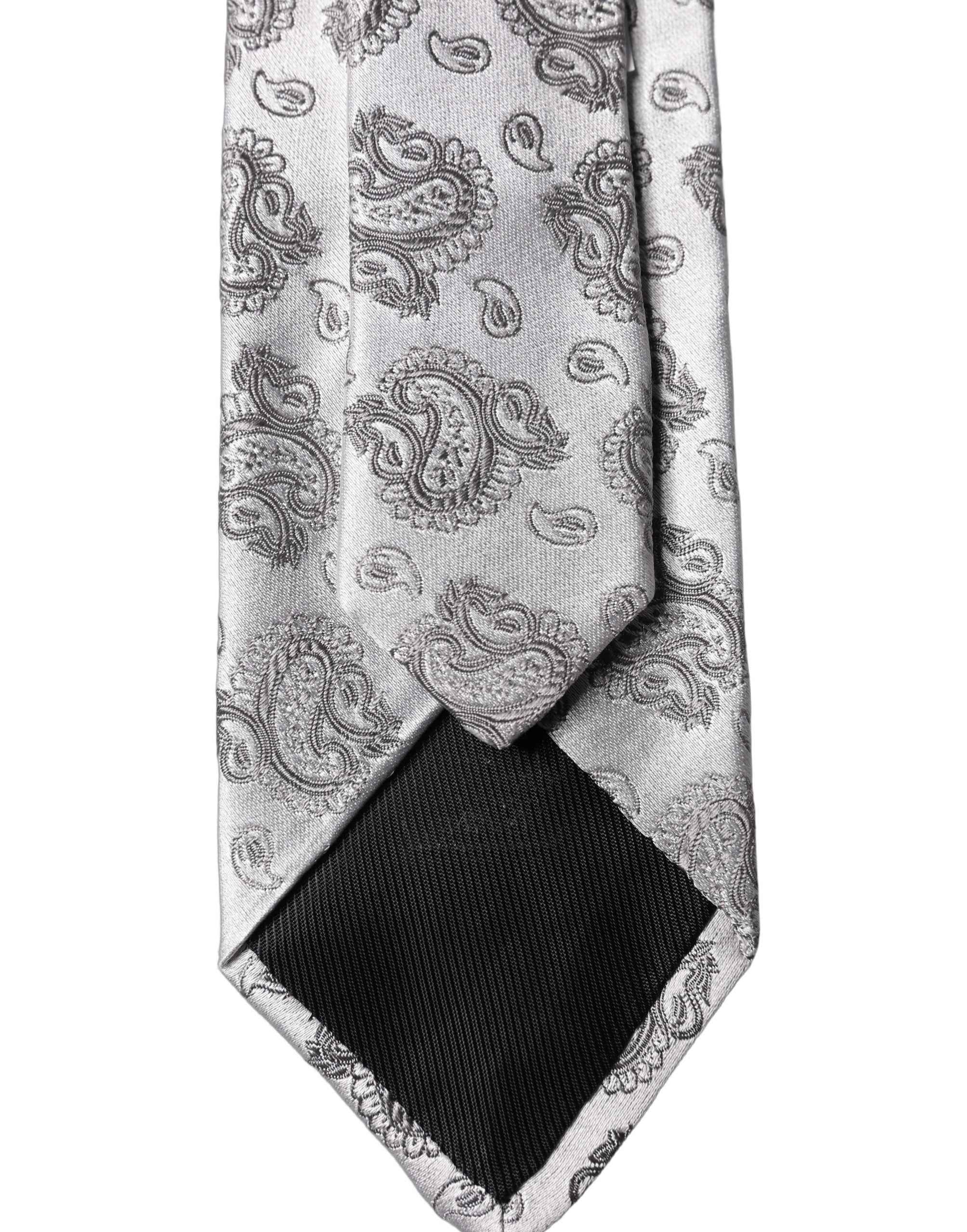 Dolce & Gabbana Silver Gray Paisley Silk Adjustable Men Tied Necktie Tie