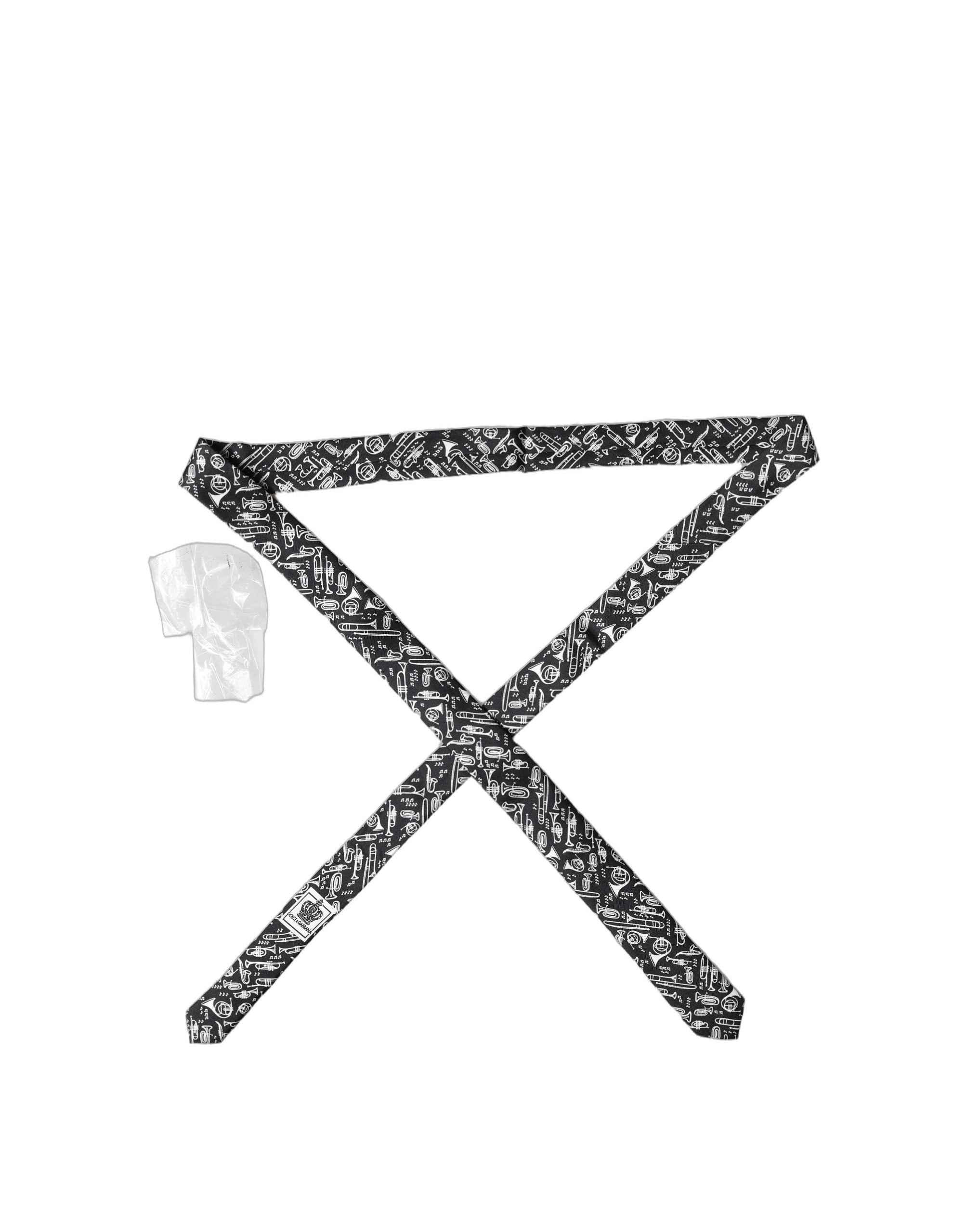 Dolce & Gabbana Black Trumpet Print Silk Adjustable Men Tied Necktie Tie