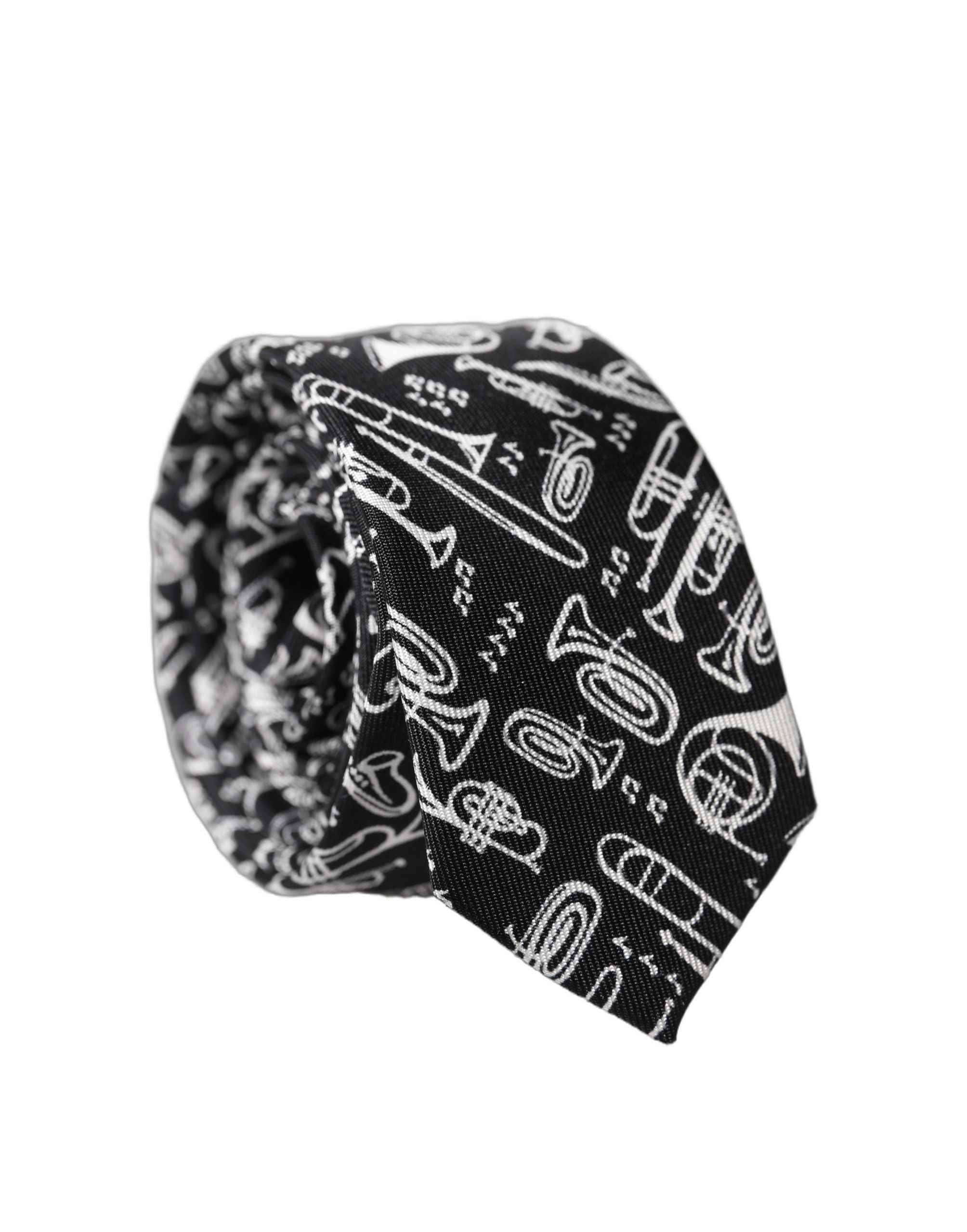 Dolce & Gabbana Black Trumpet Print Silk Adjustable Men Tied Necktie Tie