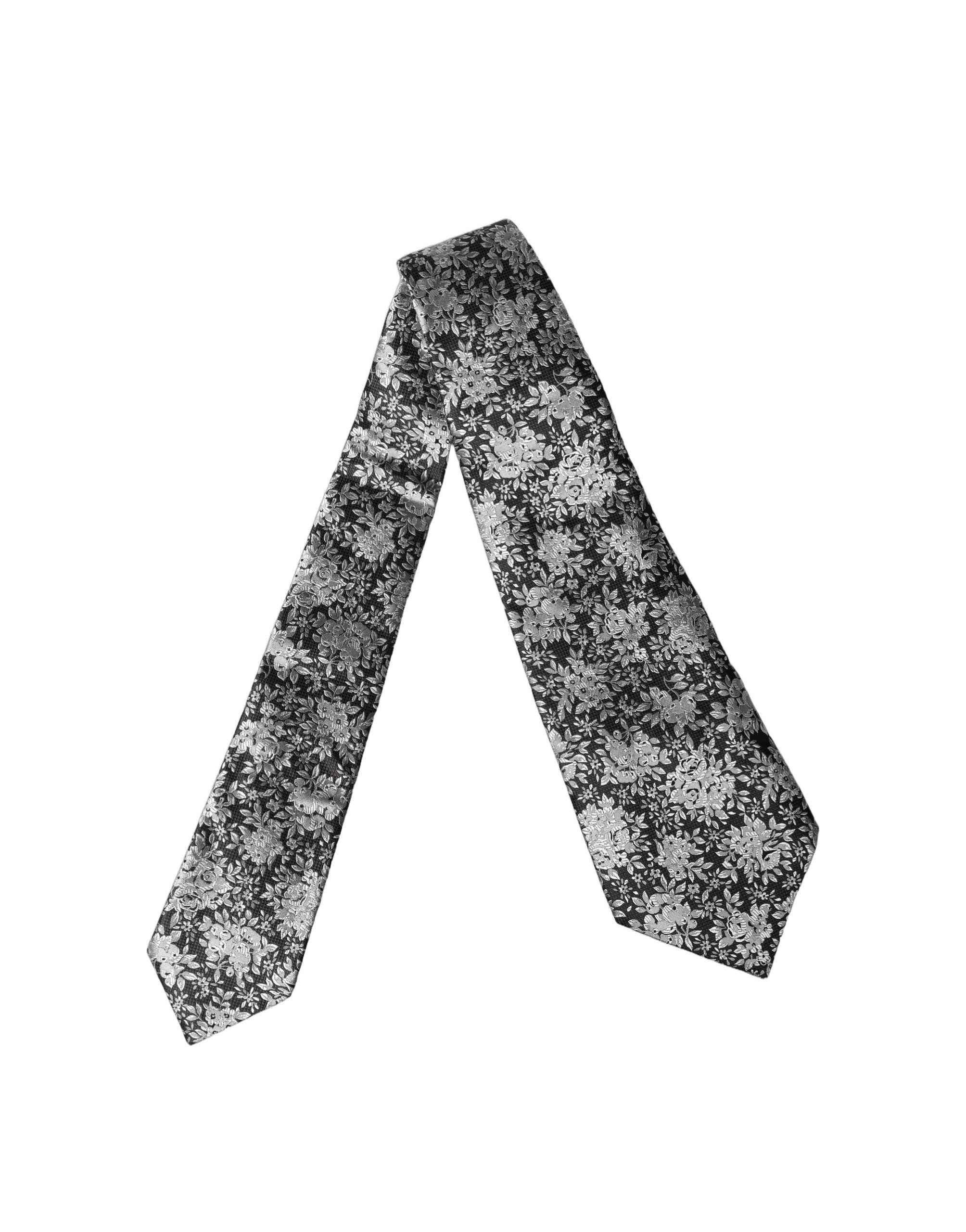 Dolce & Gabbana Black Silver Floral Silk Adjustable Women Necktie Tie