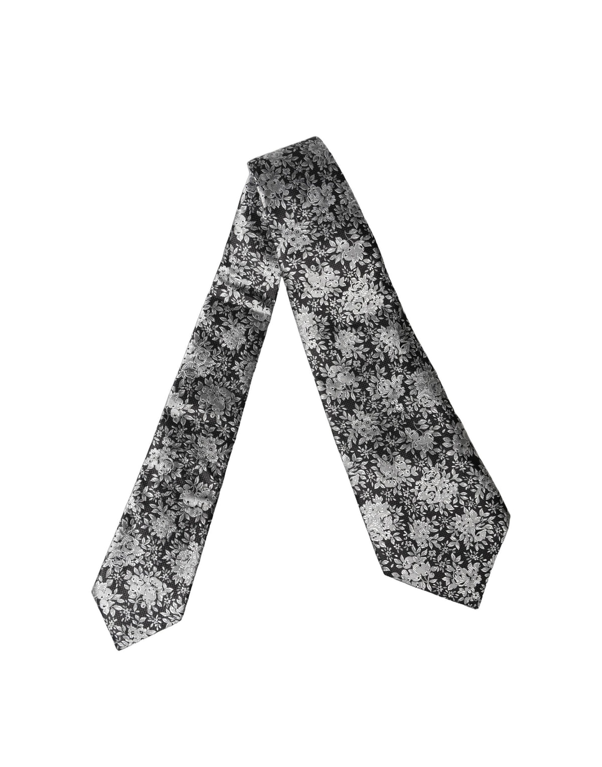 Dolce & Gabbana Dark Gray Silver Floral Silk Adjustable Women Necktie Tie