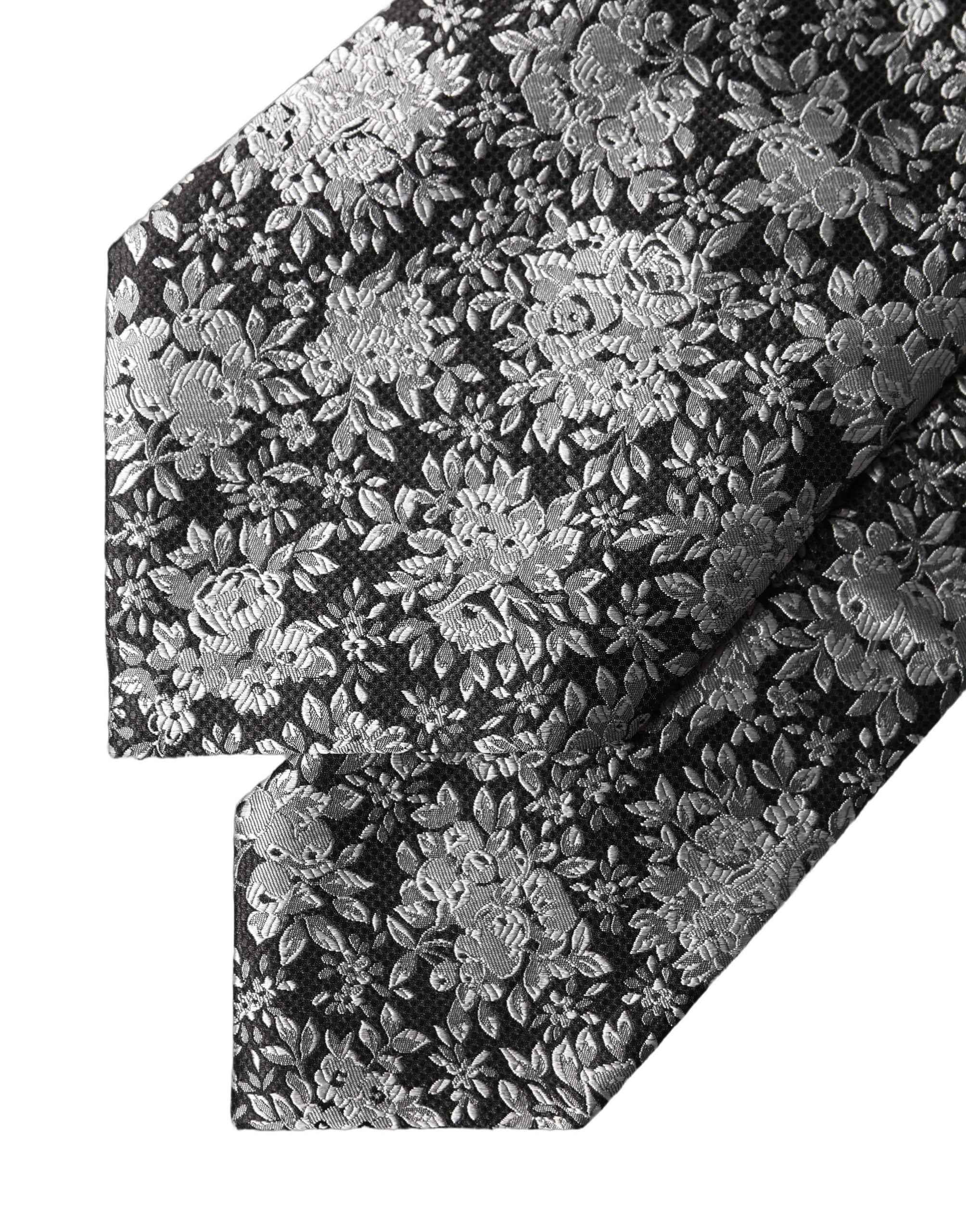 Dolce & Gabbana Black Silver Floral Silk Adjustable Women Necktie Tie