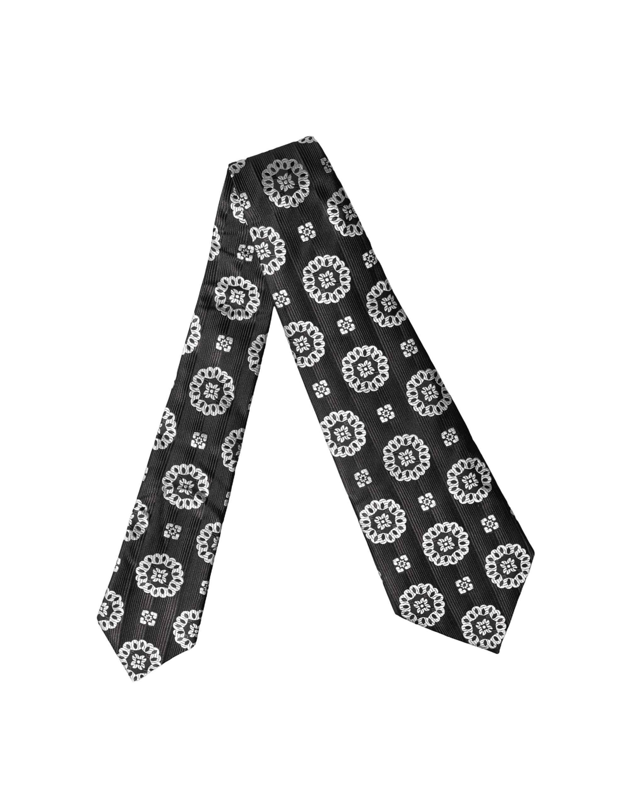 Dolce & Gabbana Dark Gray White Floral Silk Adjustable Women Necktie Tie