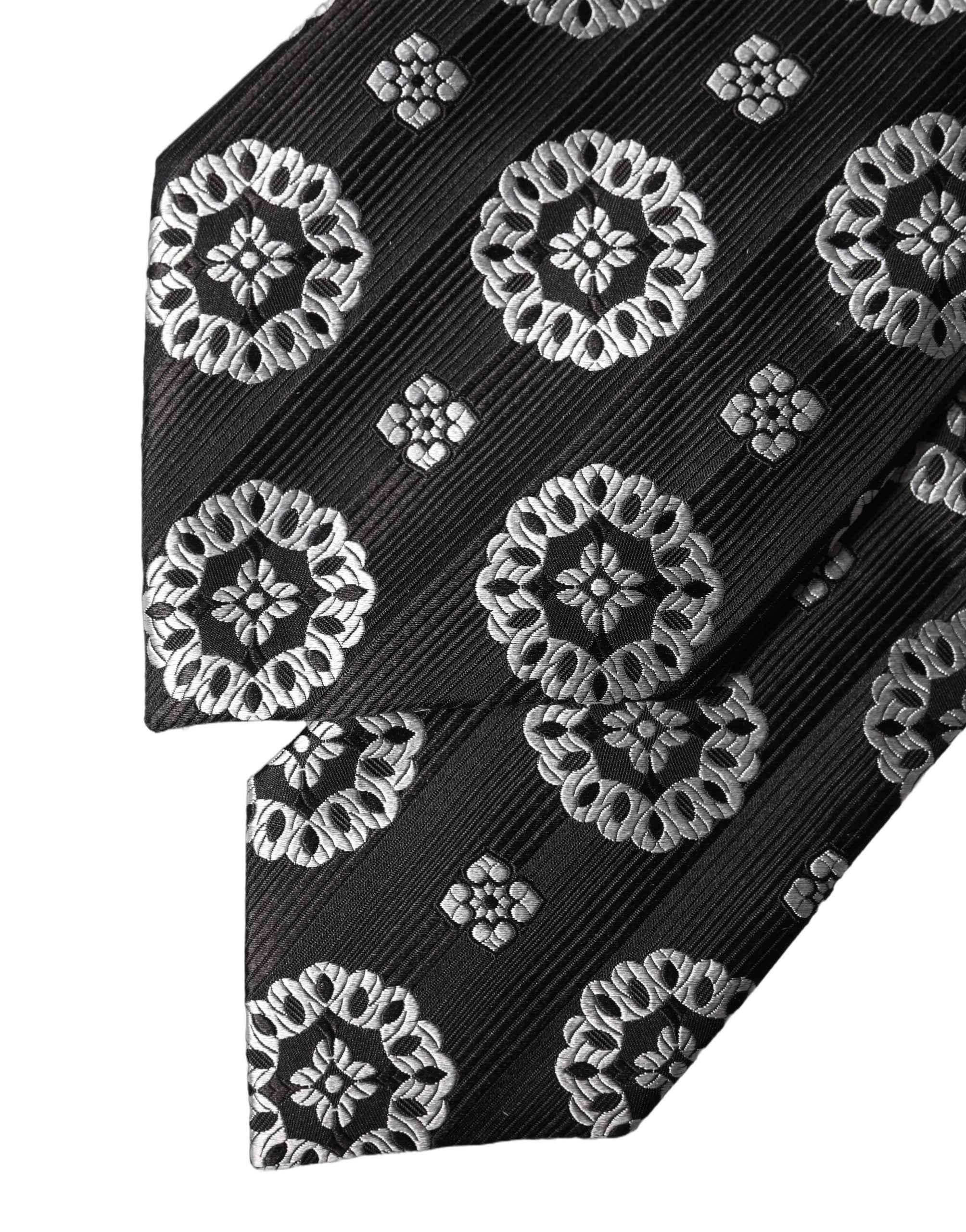 Dolce & Gabbana Dark Gray White Floral Silk Adjustable Women Necktie Tie