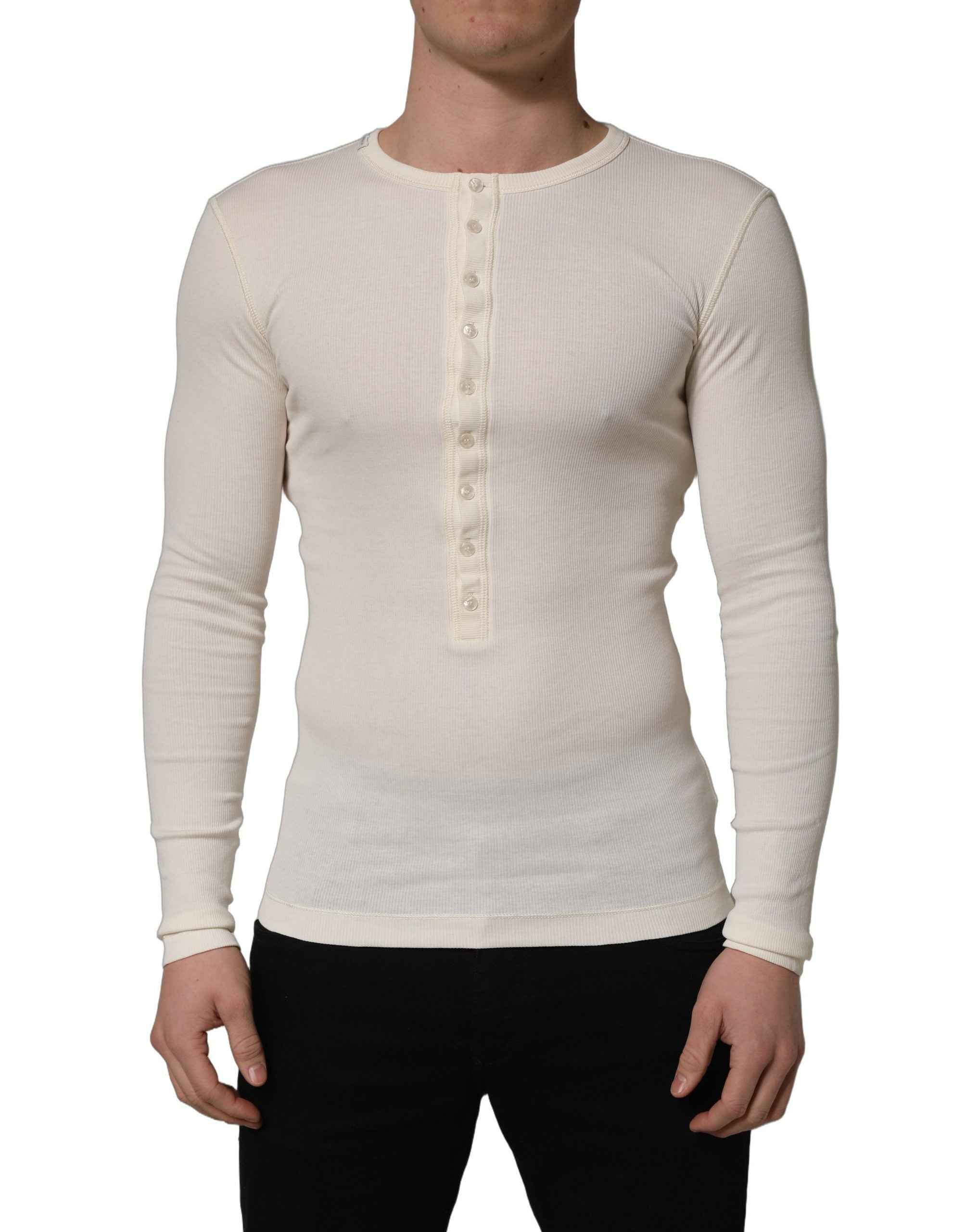 Dolce & Gabbana White Long Sleeves Henley Pullover Sweater