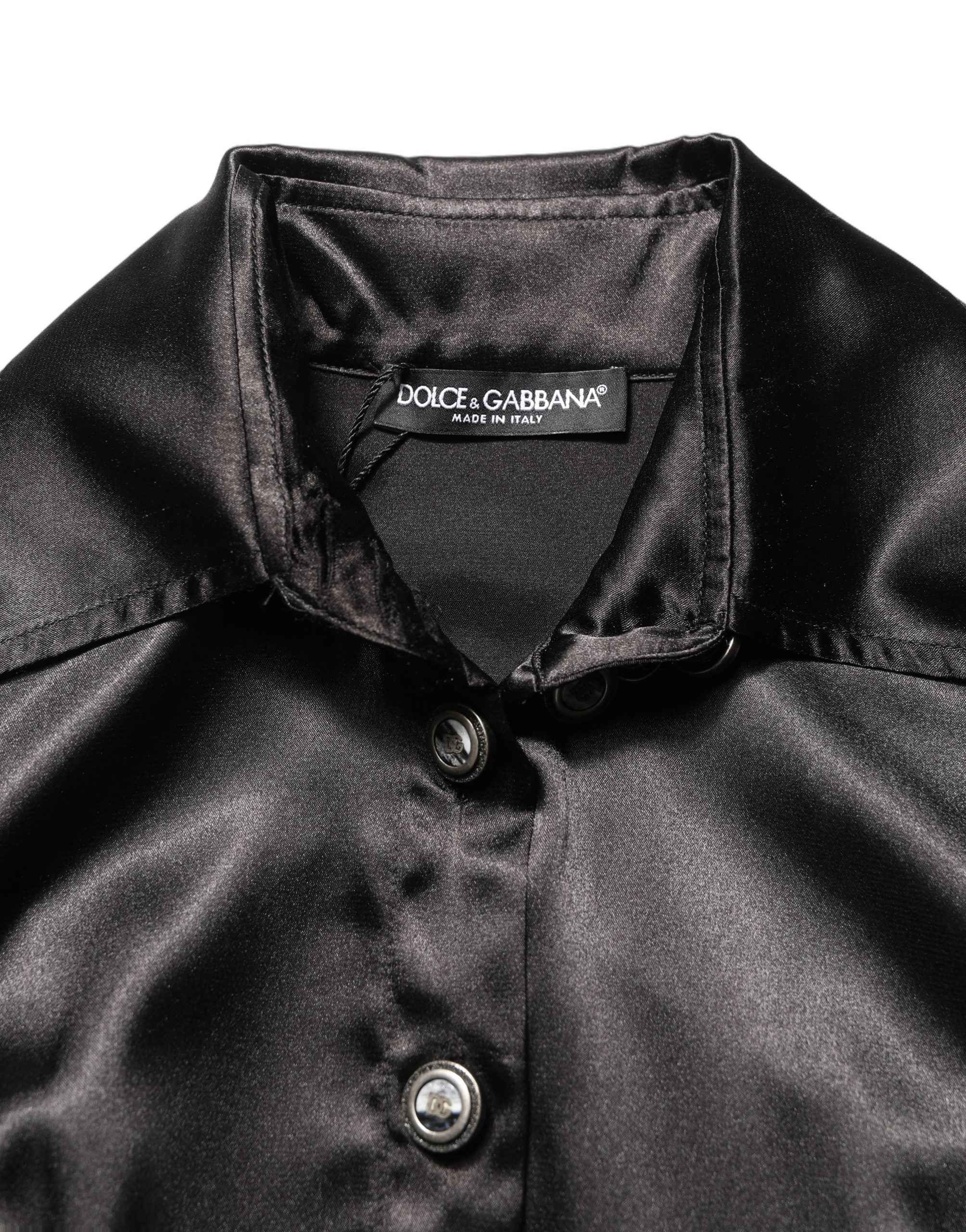 Dolce & Gabbana Black Satin Long Puff Sleeves Pleated Dress