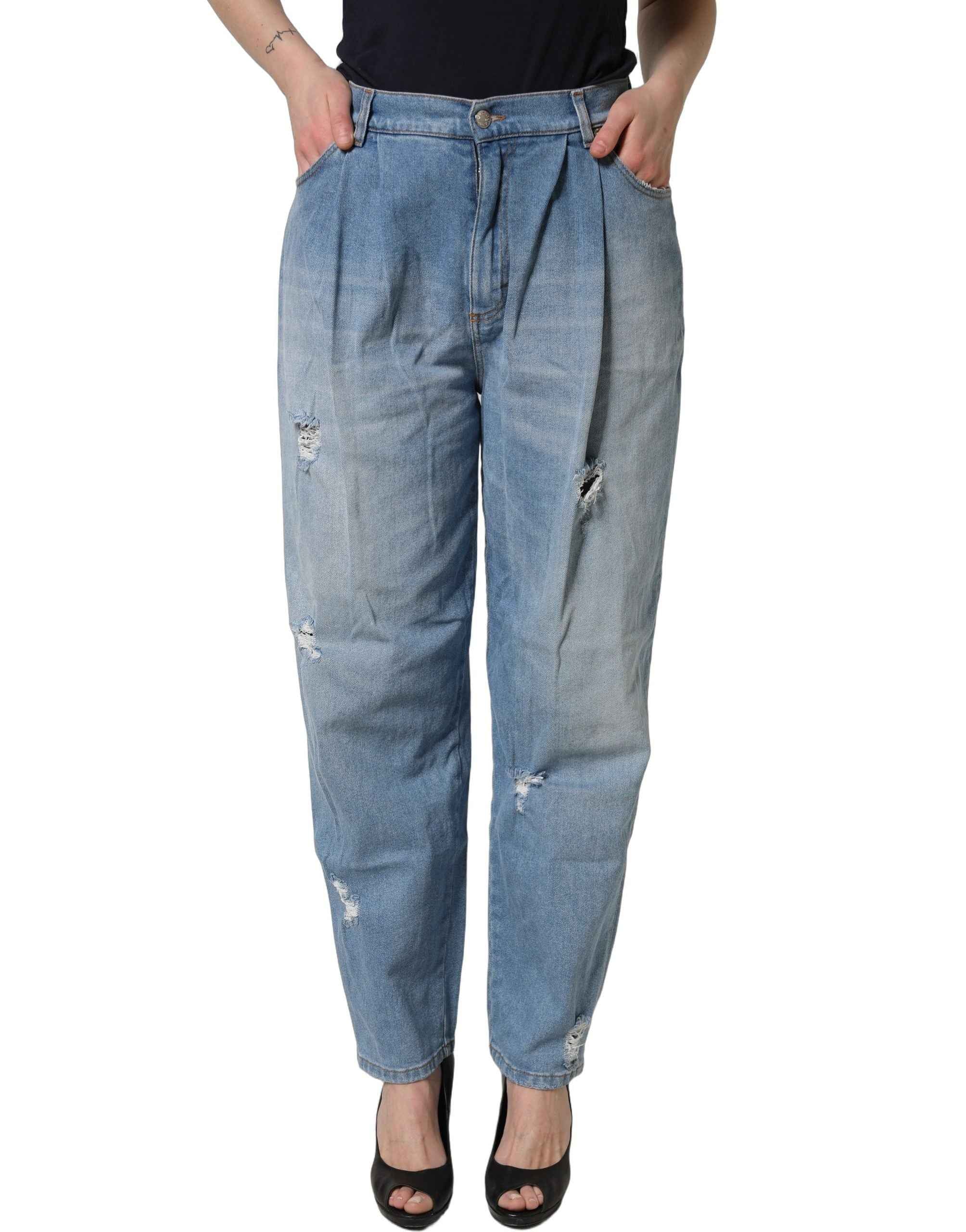 Dolce & Gabbana Blue Distressed Pleated Cotton Denim Jeans