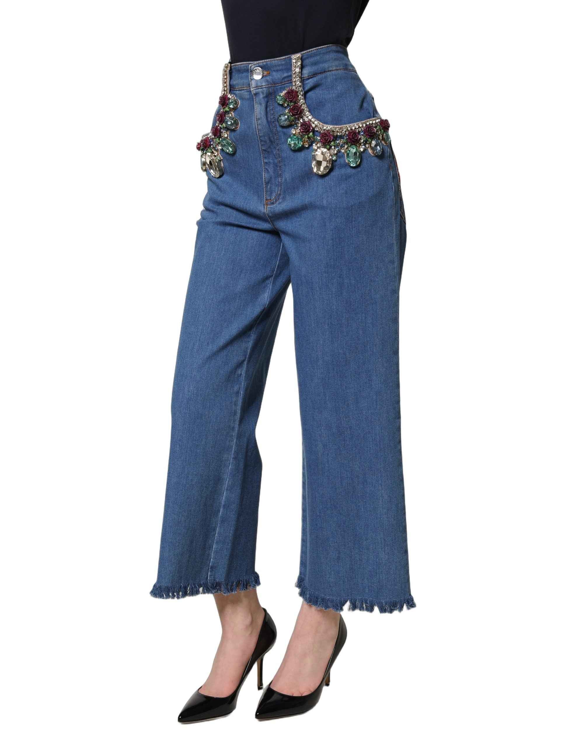 Dolce & Gabbana Blue Embellished Wide Cropped Denim Jeans