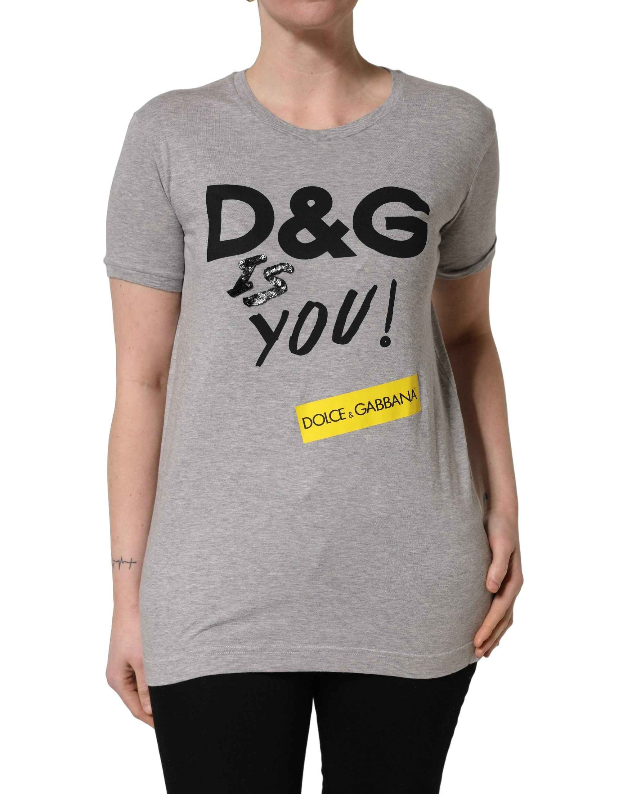 Dolce & Gabbana Gray Cotton Logo Printed Crew Neck T-shirt