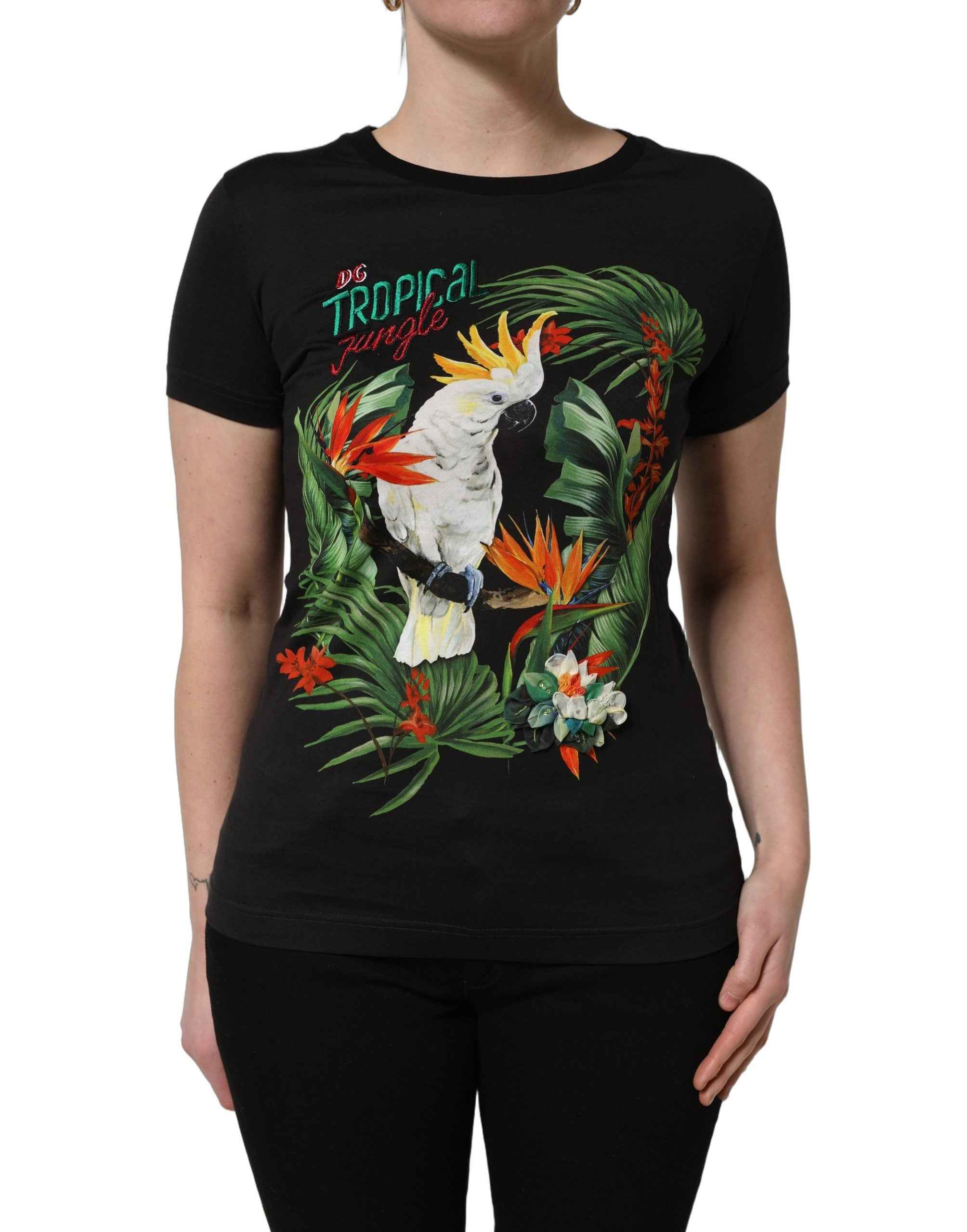 Dolce & Gabbana Black Tropical Print Cotton Round Neck T-Shirt