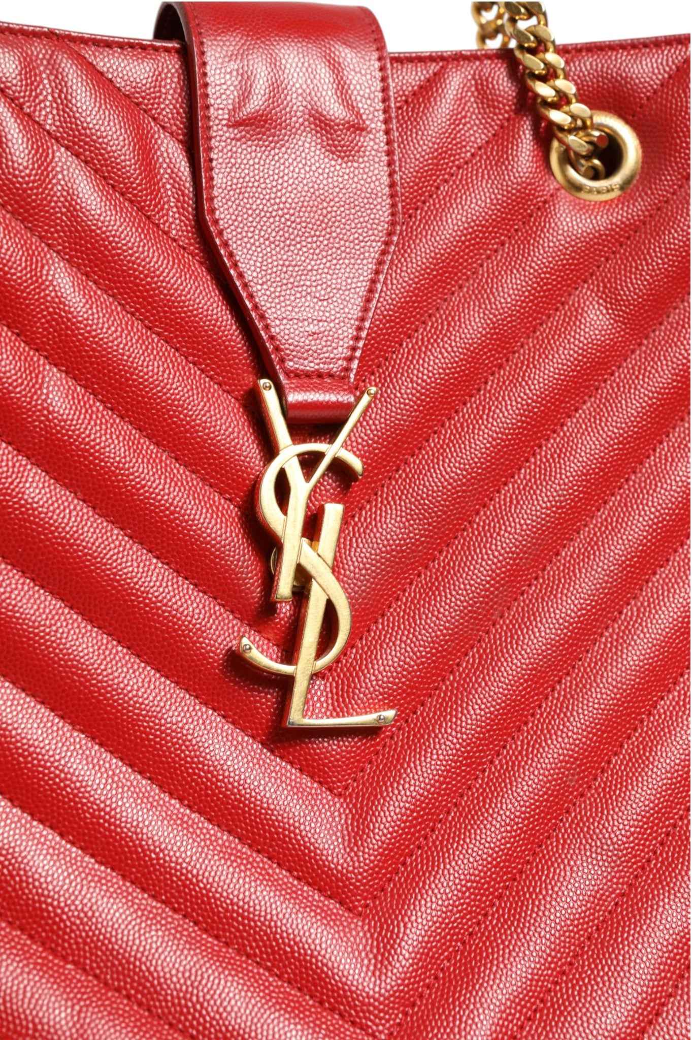 Saint Laurent Red Chevron Quilted Grained Leather Monogram Tote Bag