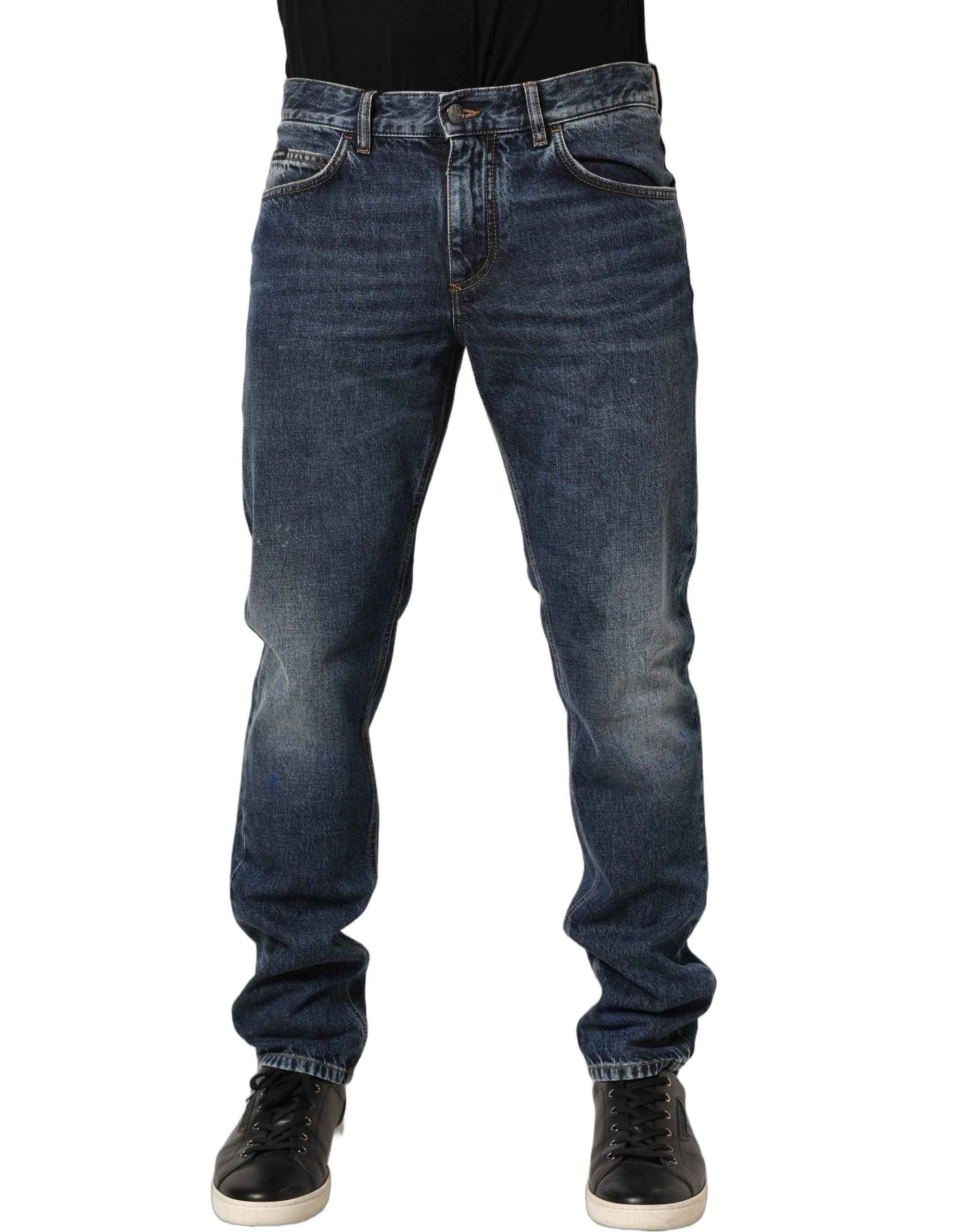 Dolce & Gabbana Dark Blue Washed Mid Waist Straight Men Denim Jeans