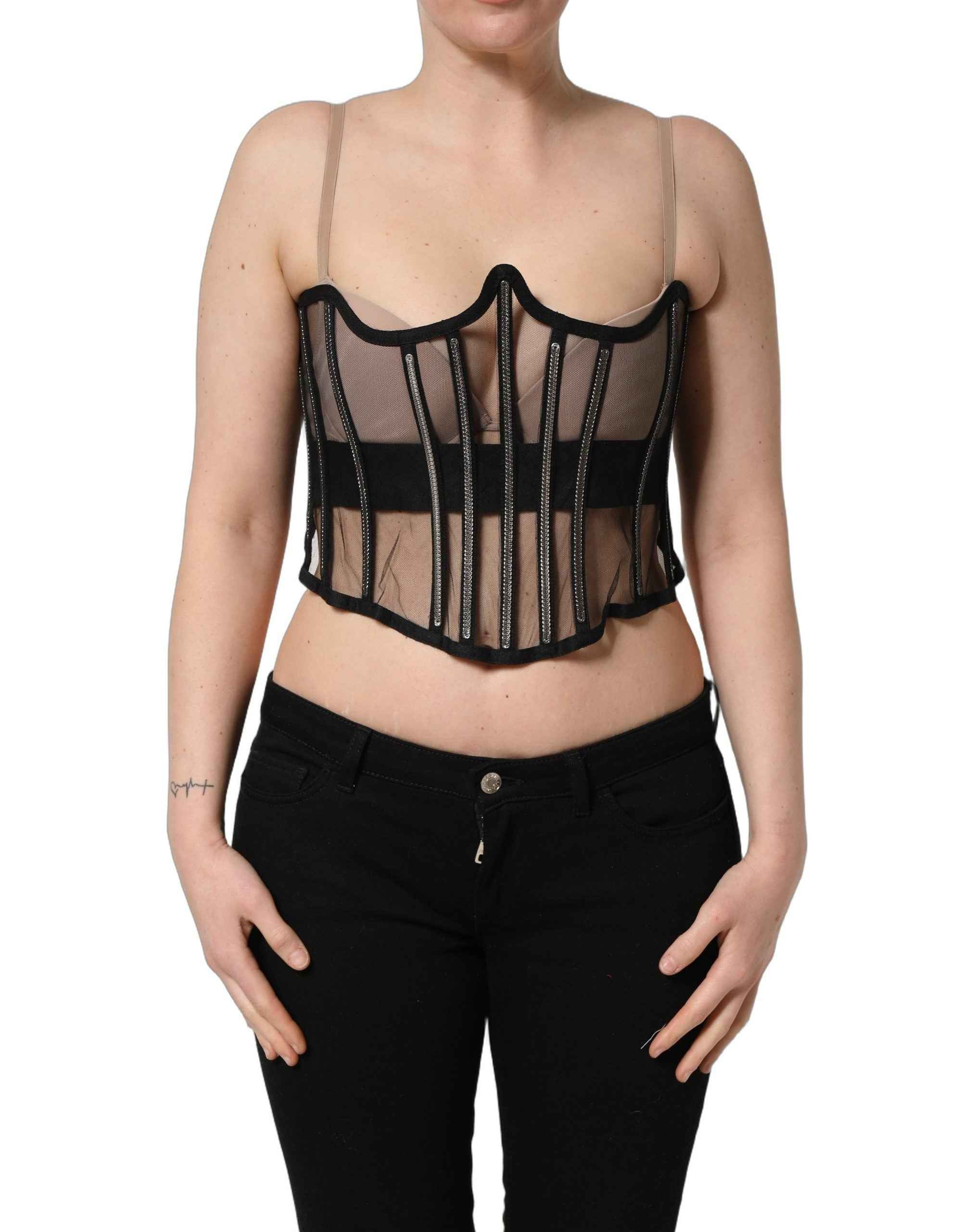 Dolce & Gabbana Black Sheer Tulle Bodysuit Cropped Corset Top