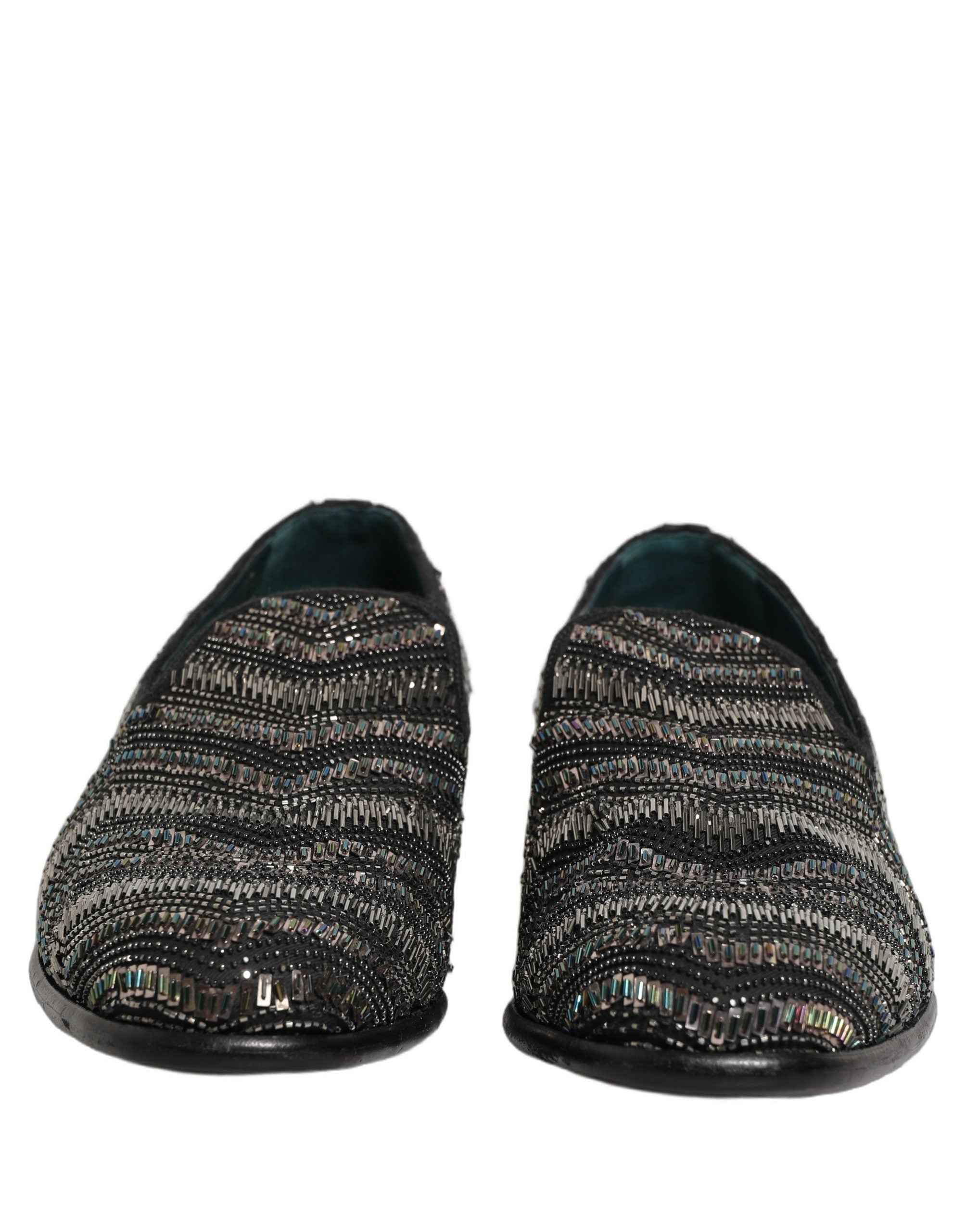 Dolce & Gabbana Black Silver Embellished Slip On Loafers Shoes