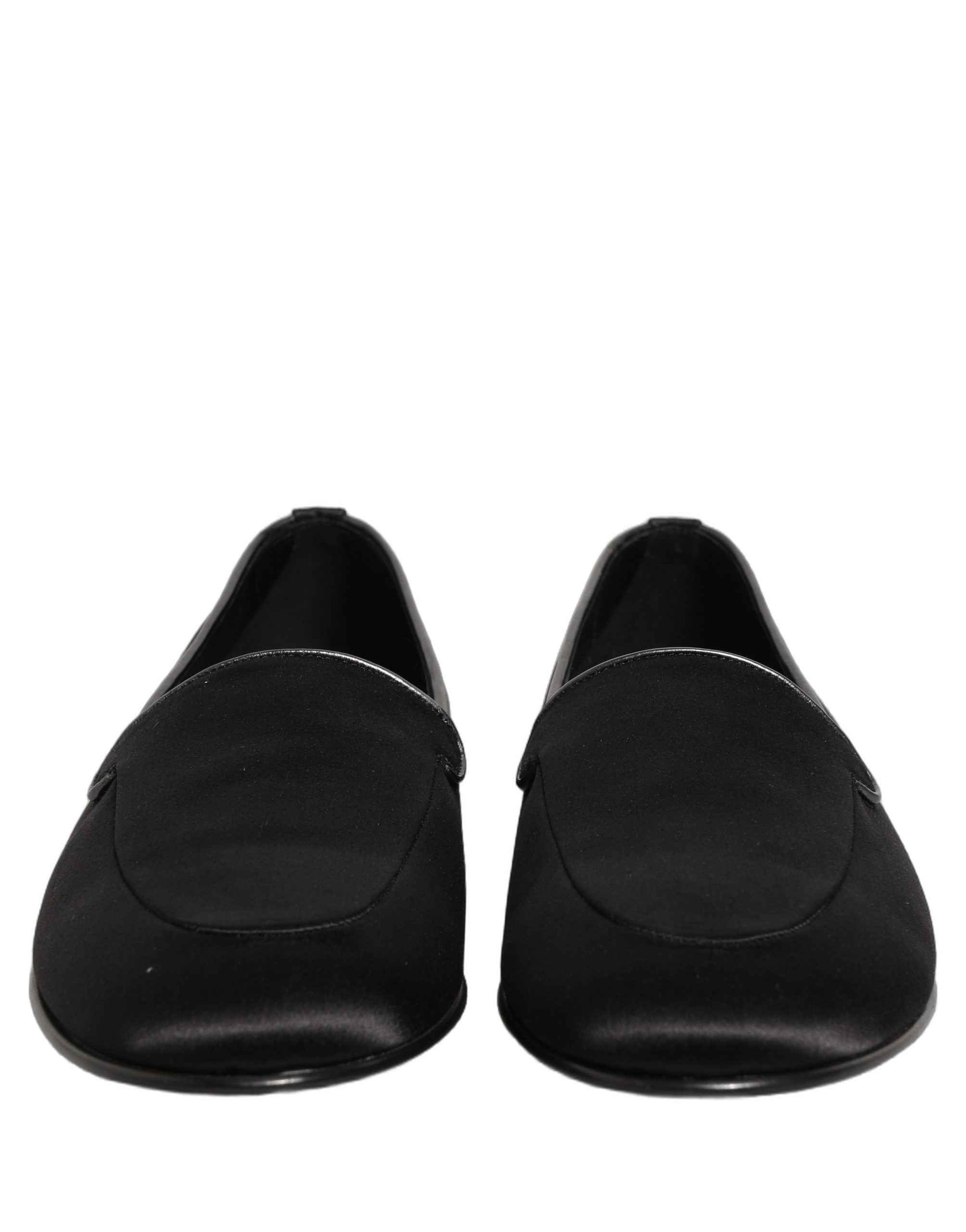 Dolce & Gabbana Black Satin Logo Slip On Flats Loafers Shoes