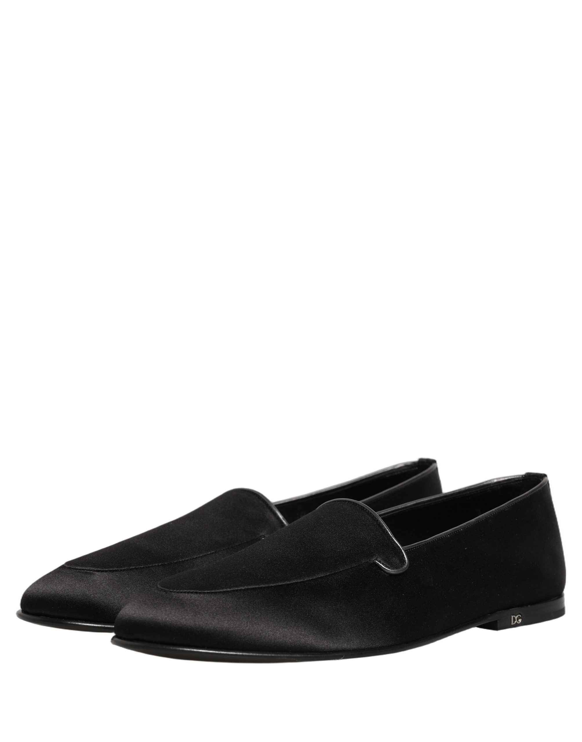 Dolce & Gabbana Black Satin Logo Slip On Flats Loafers Shoes