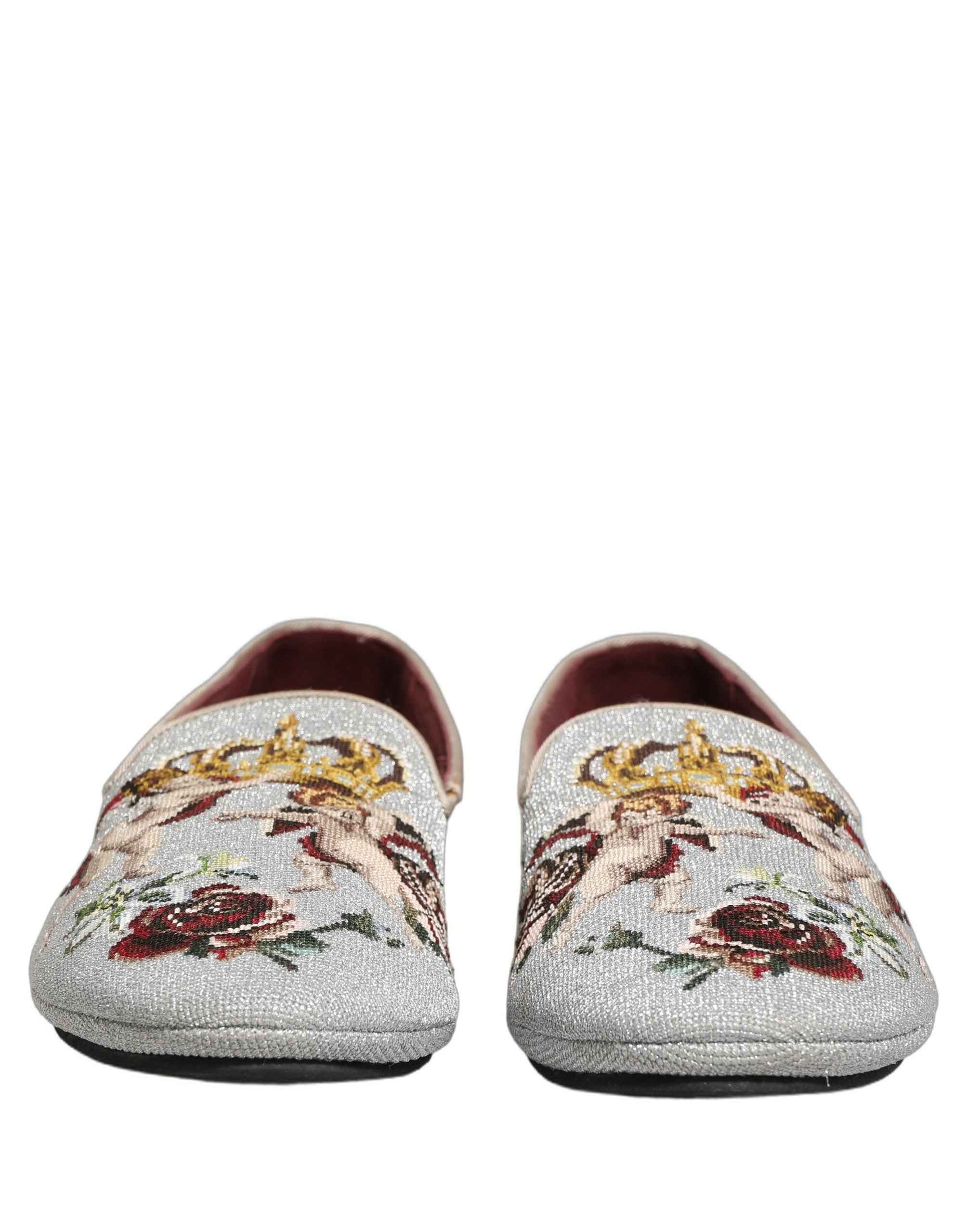 Dolce & Gabbana Gray Crown Rose Angel Embroidery Loafer Shoes